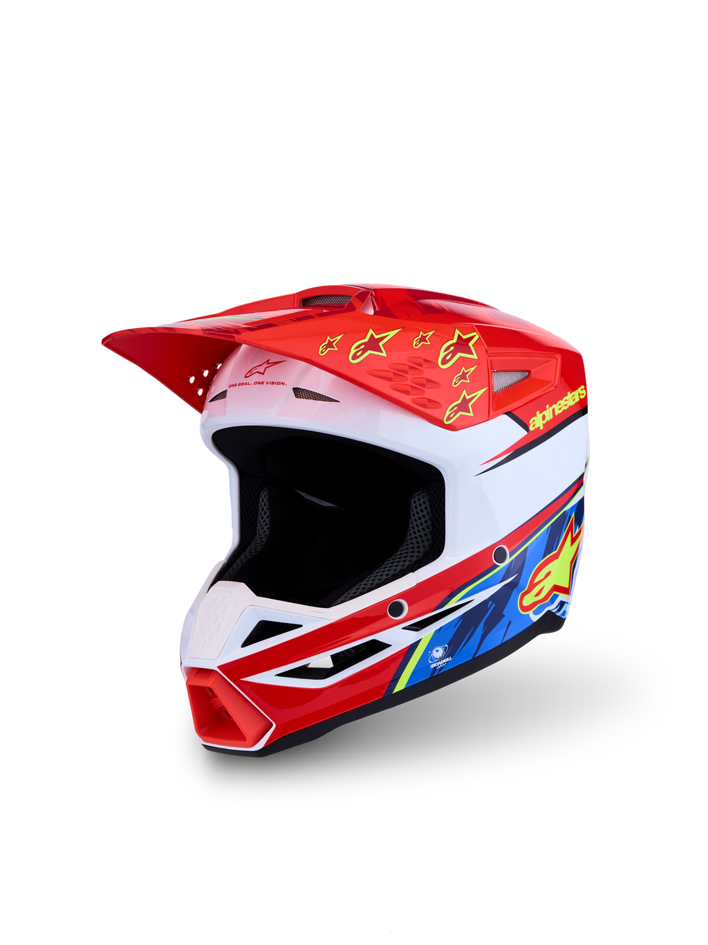 Alpinestars SM3 Falcon Ungdom Hjälm ECE06, röd och vit motocrosshjälm för barn med gul och blå grafik, lätt termoplastskal och optimerad ventilation för off-road.
