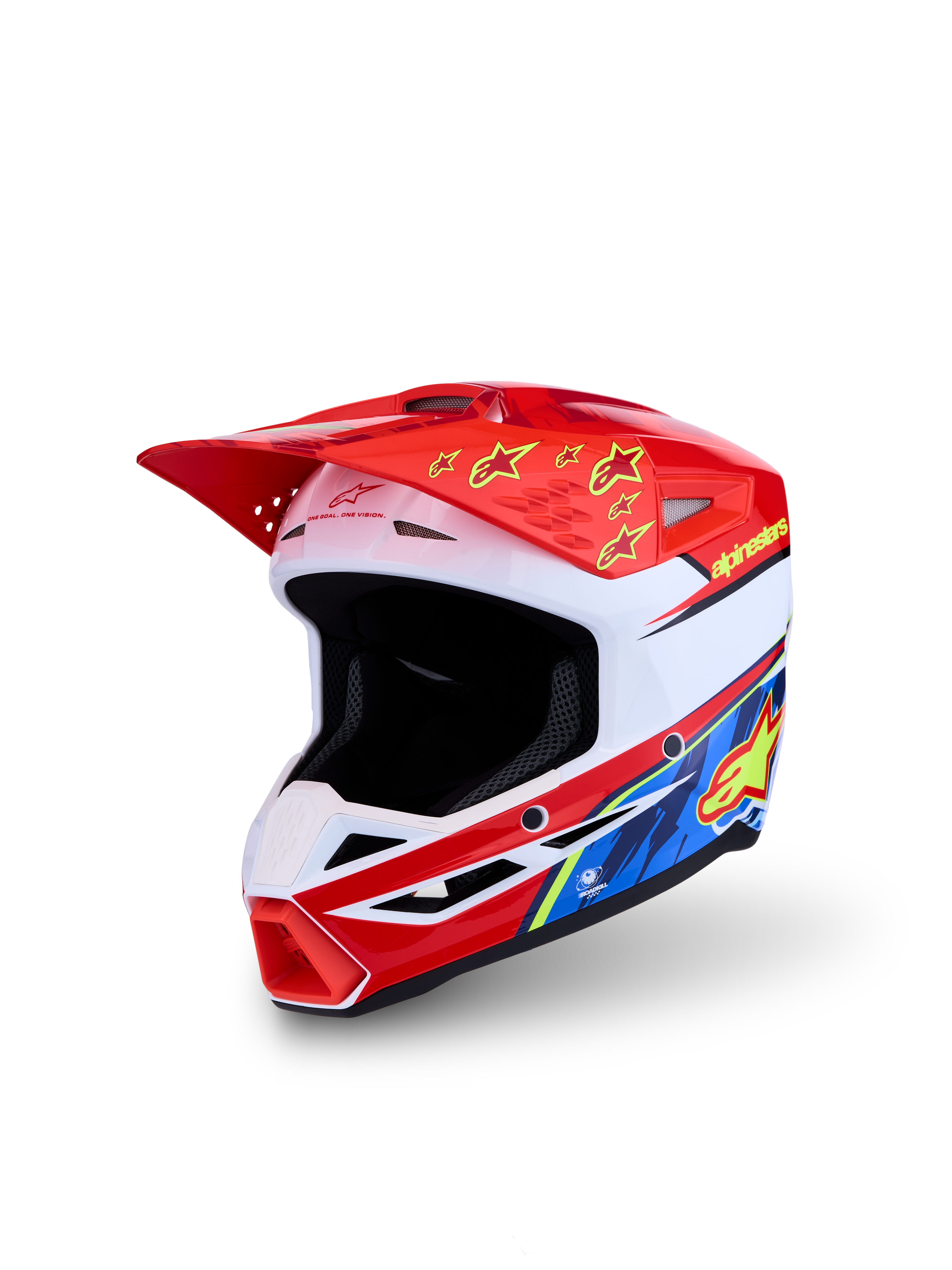 Alpinestars SM3 Falcon Ungdom Hjälm ECE06, röd och vit motocrosshjälm för barn med gul och blå grafik, lätt termoplastskal och optimerad ventilation för off-road.