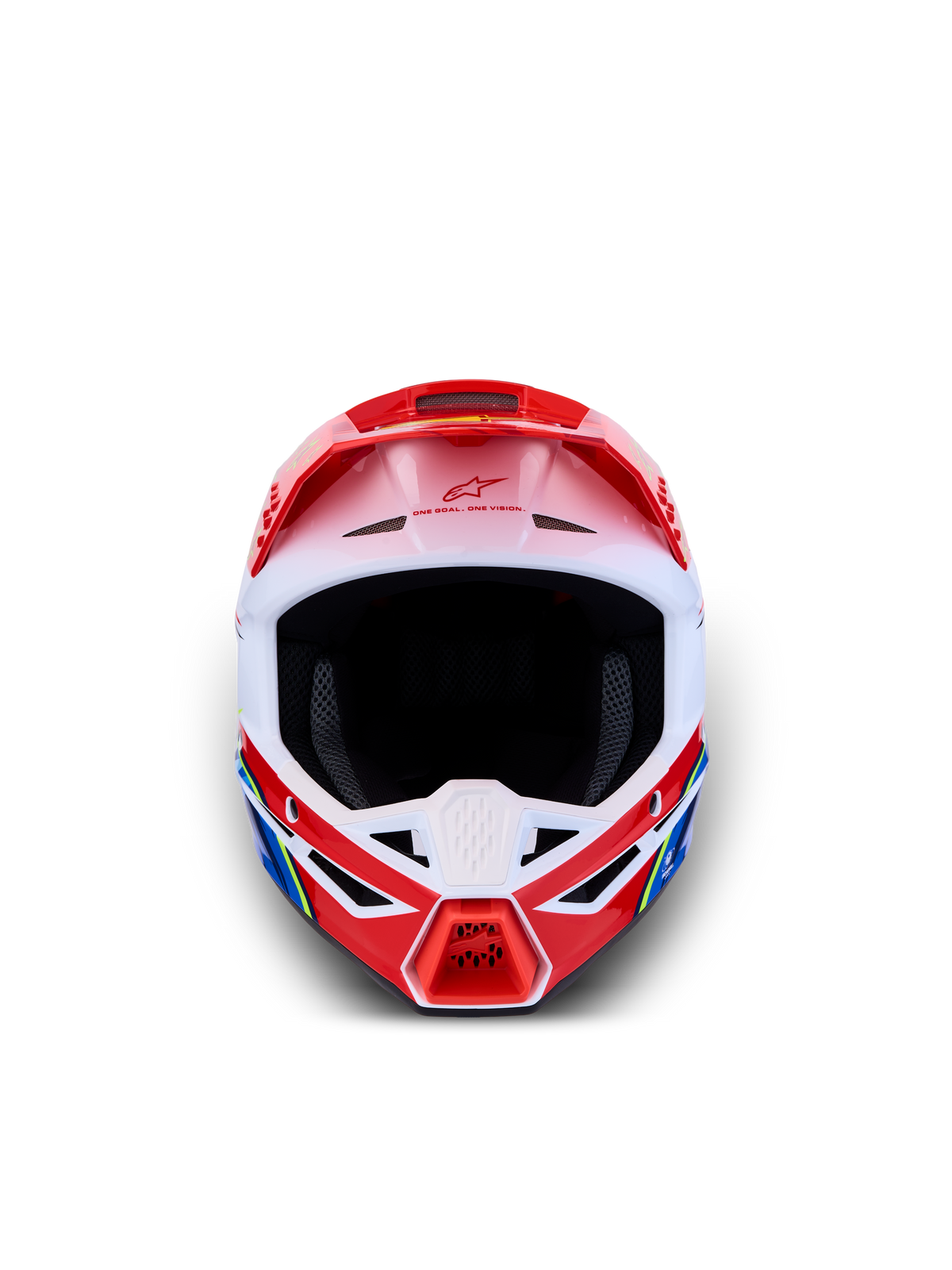 Alpinestars SM3 Falcon ungdomshjälm, röd och vit motocrosshjälm för terrängkörning, ECE 2206-certifierad, frontvy.