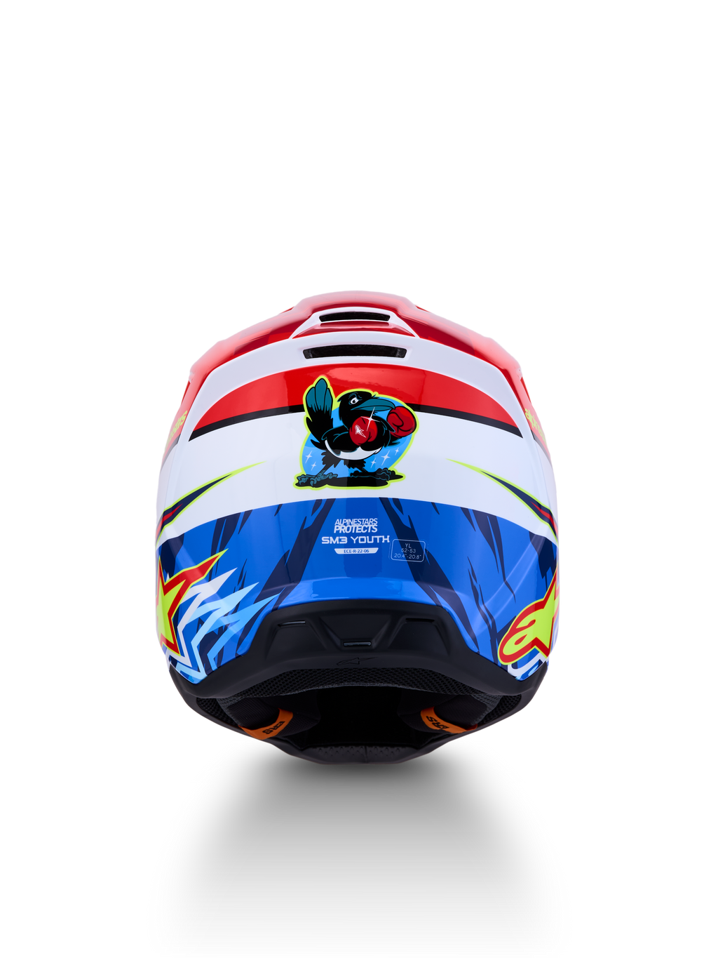 Alpinestars SM3 Falcon hjälm för ungdom, röd, vit och blå motocrosshjälm med falkgrafik, ECE 22.06 certifierad.