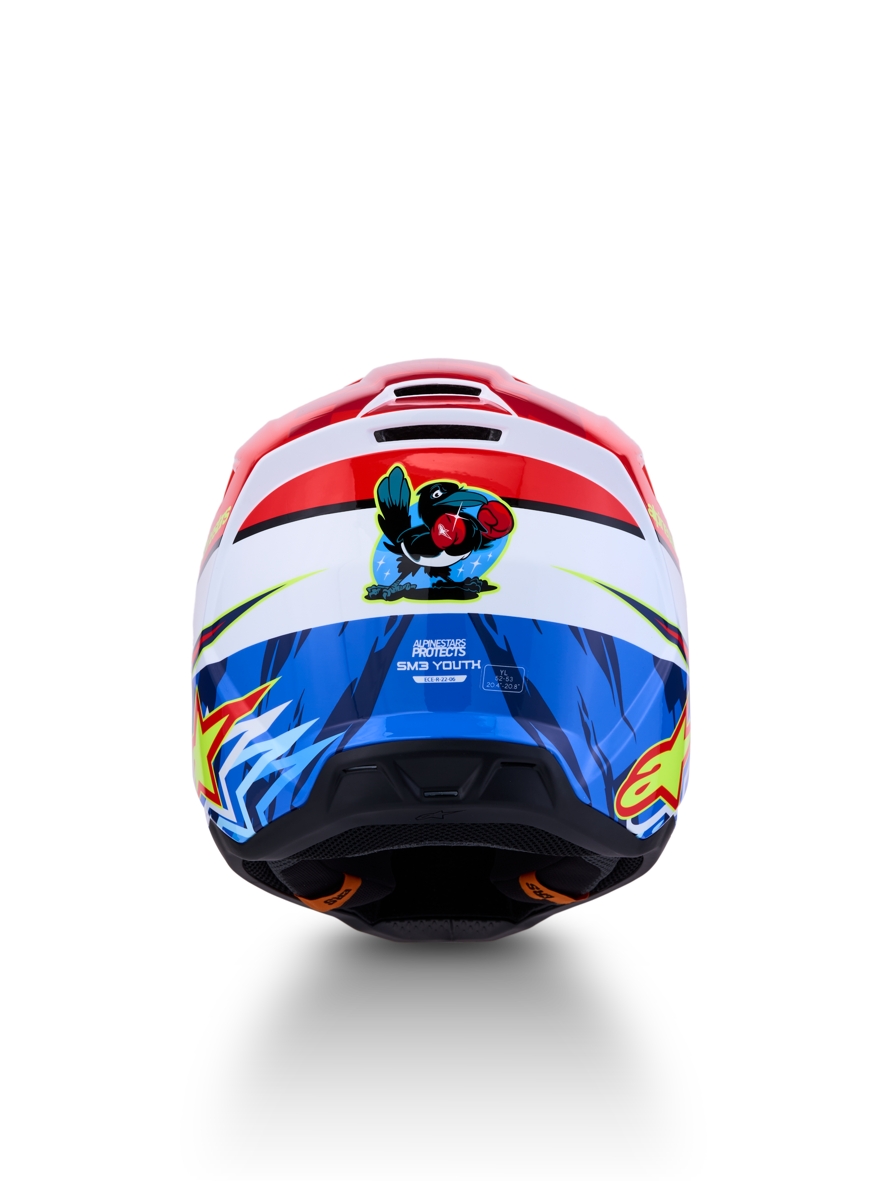Alpinestars SM3 Falcon hjälm för ungdom, röd, vit och blå motocrosshjälm med falkgrafik, ECE 22.06 certifierad.