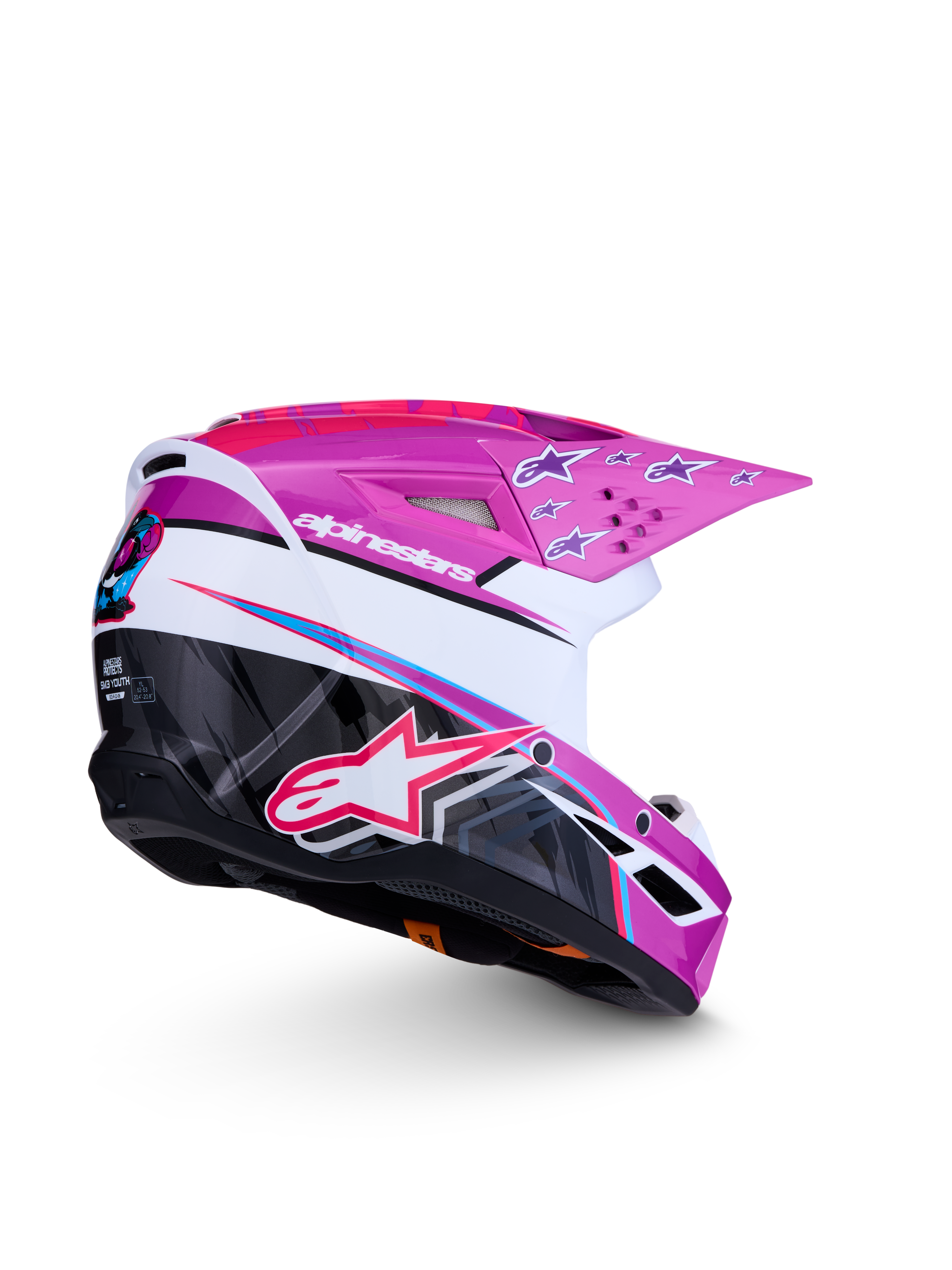 Alpinestars SM3 Falcon ungdomshjälm ECE06, lila och vit motocrosshjälm för ungdomar med glansig rosa stjärngrafik, CE-certifierad, aerodynamiskt skal för terrängkörning.
