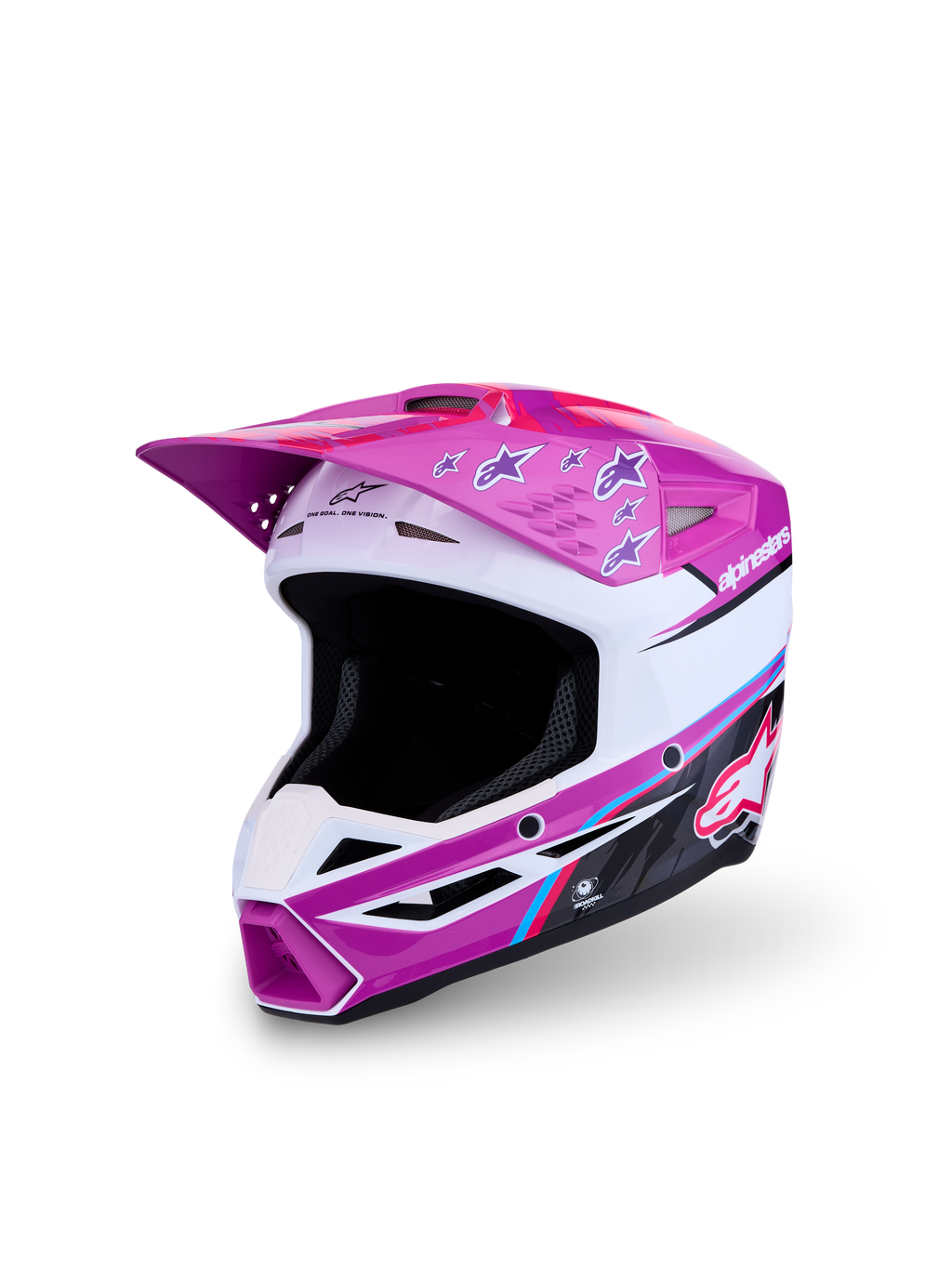 Alpinestars SM3 Falcon ungdomshjälm för motocross, lila och vit med rosa detaljer, ECE 22.06-certifierad, tekniskt avancerat skydd för unga förare.
