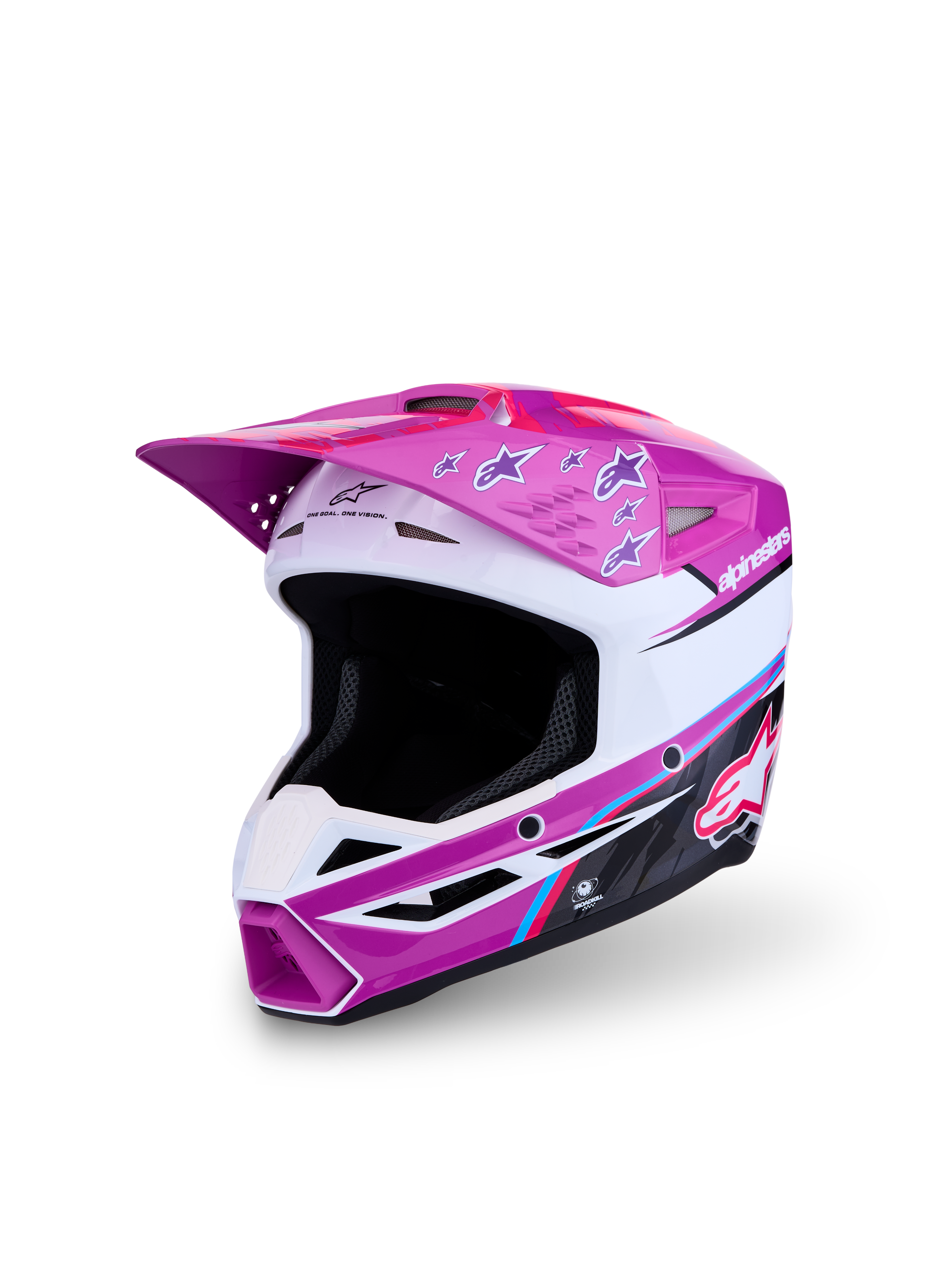 Alpinestars SM3 Falcon ungdomshjälm för motocross, lila och vit med rosa detaljer, ECE 22.06-certifierad, tekniskt avancerat skydd för unga förare.