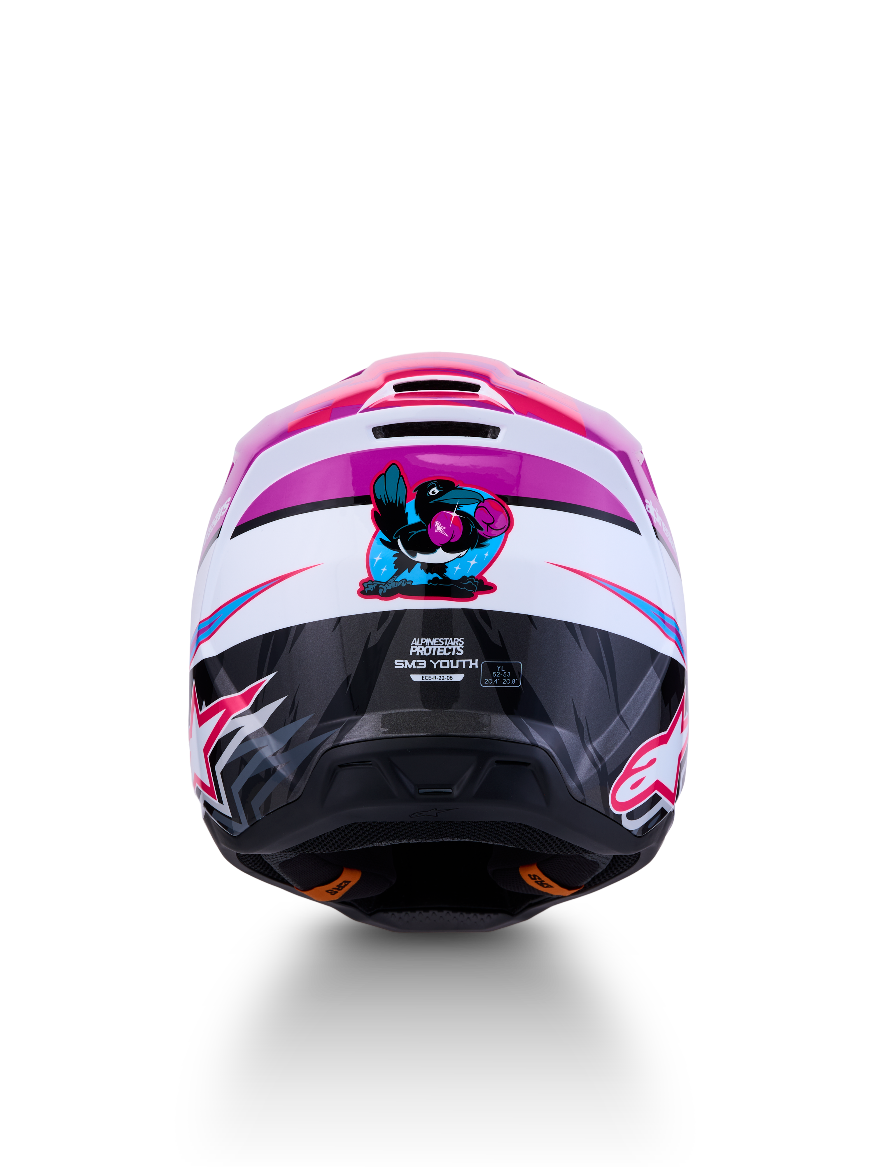 Alpinestars SM3 Falcon ungdomshjälm ECE06, lila och vit motocrosshjälm med rosa detaljer och fågelgrafik bak.