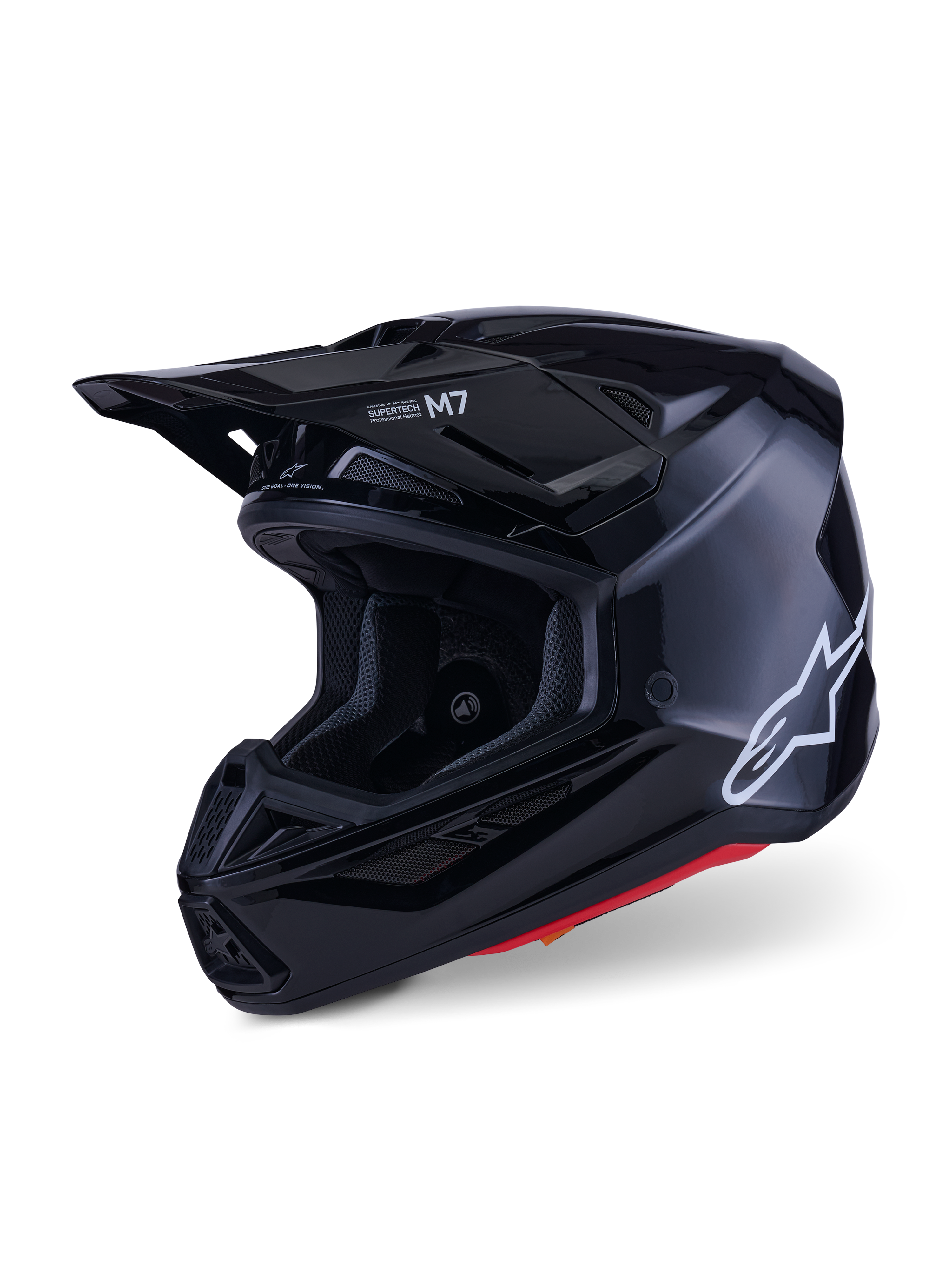 Alpinestars S-M7 Solid hjälm, motocrosshjälm, blanksvart, med en vit Alpinestars-logotyp på sidan, aerodynamiskt visir och flera luftintagsventiler för skydd vid terrängracing