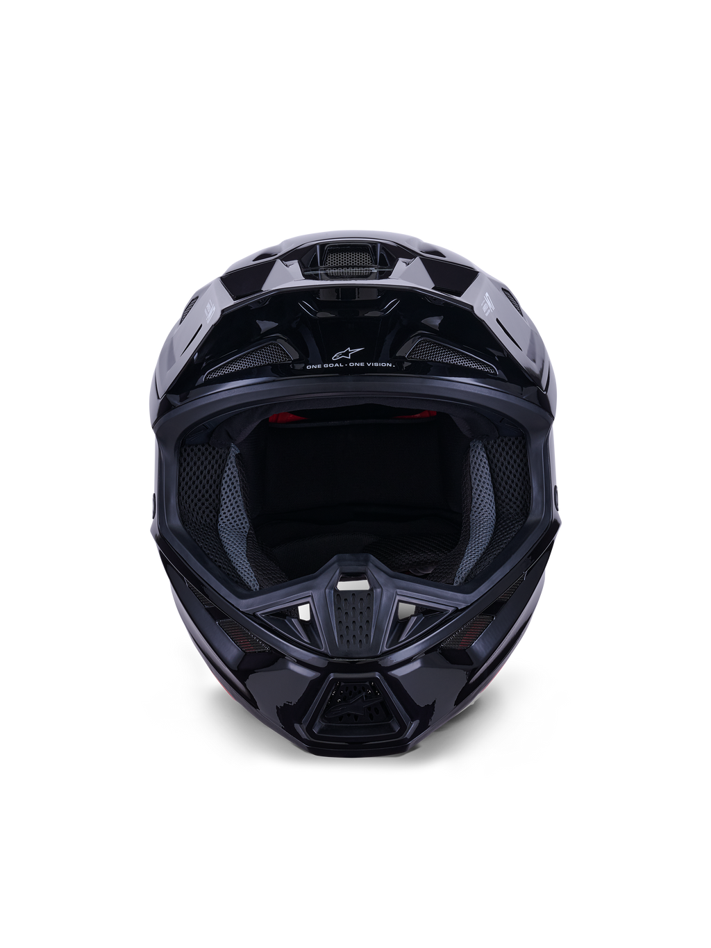 Alpinestars S-M7 Solid hjälm ECE 22.06, motocrosshjälm, Black Glossy, vy framifrån som framhäver det aerodynamiska kompositskalet, ventilationsöppningar på hakpartiet och invändig meshvaddering, strömlinjeformad finish för offroadracing
