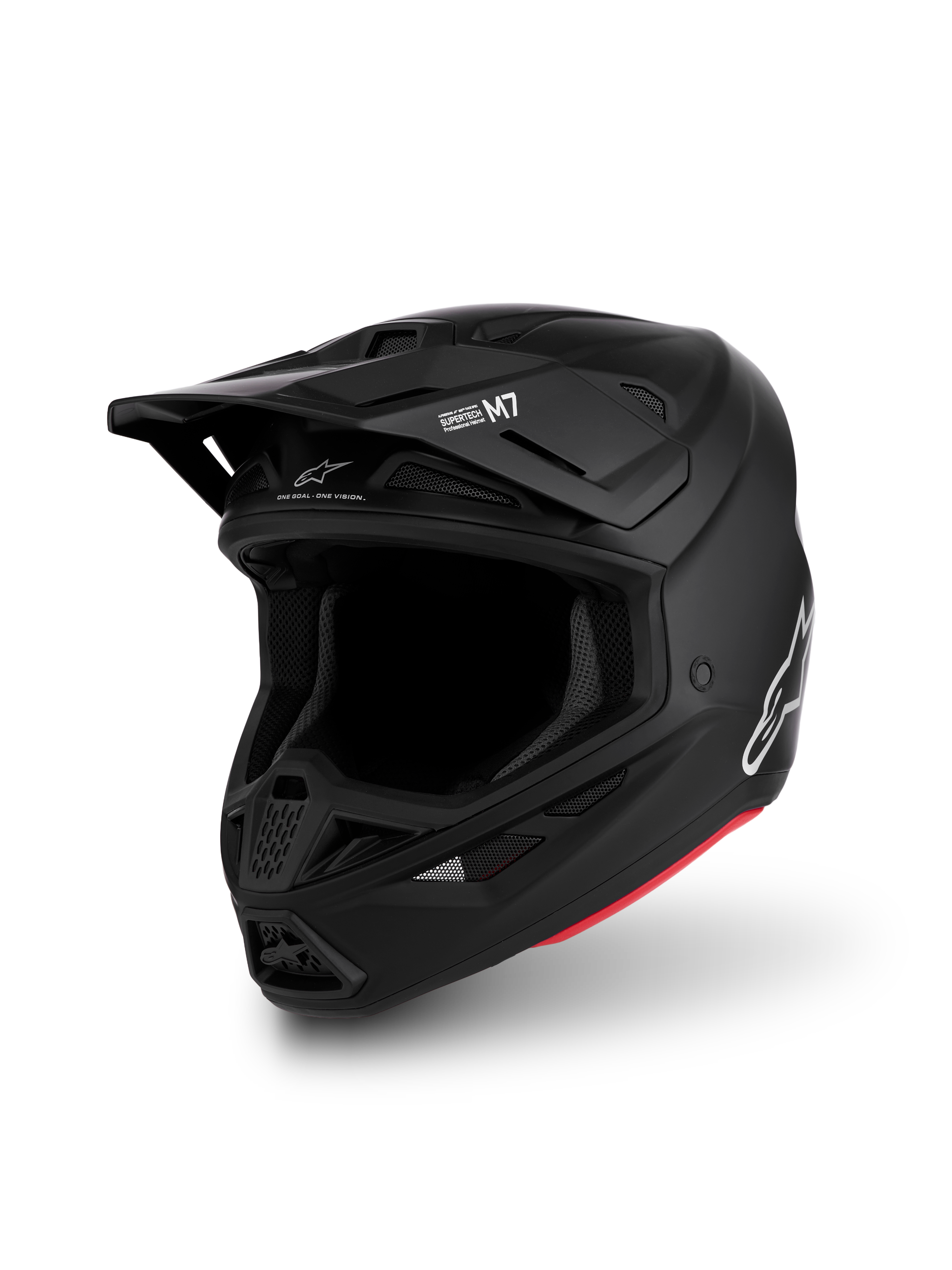 Alpinestars S-M7 Solid hjälm ECE06, mattsvart motocrosshjälm med aerodynamiskt skal, röda detaljer och ECE 22.06-certifiering.