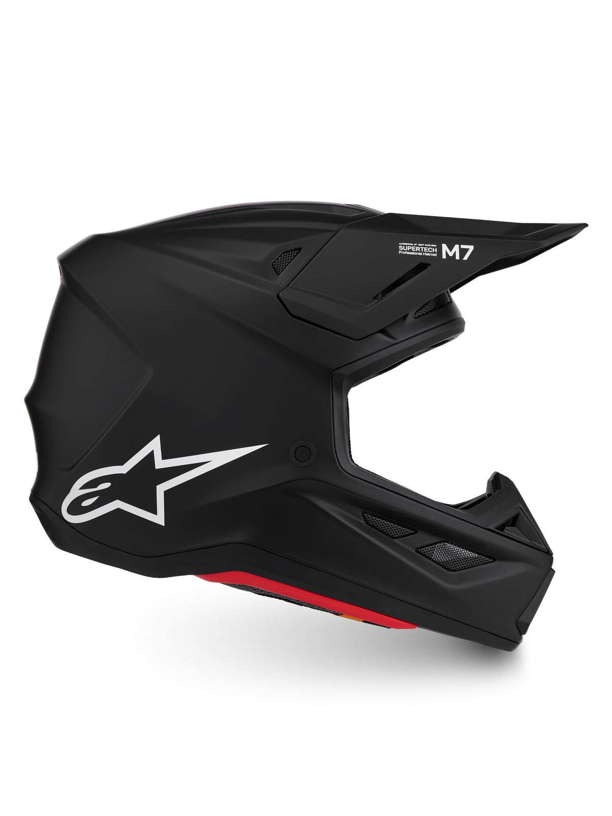 Alpinestars S-M7 Solid hjälm ECE06, matt svart motocrosshjälm med vit Astar-logotyp, aerodynamiskt skal, ECE 22.06-godkänd.
