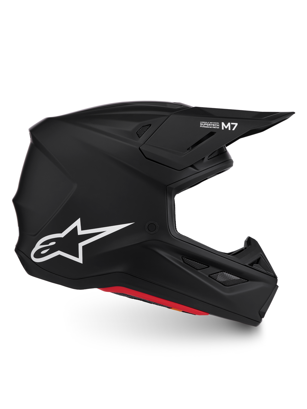 Alpinestars S-M7 Solid hjälm ECE06, matt svart motocrosshjälm med vit Astar-logotyp, aerodynamiskt skal, ECE 22.06-godkänd.