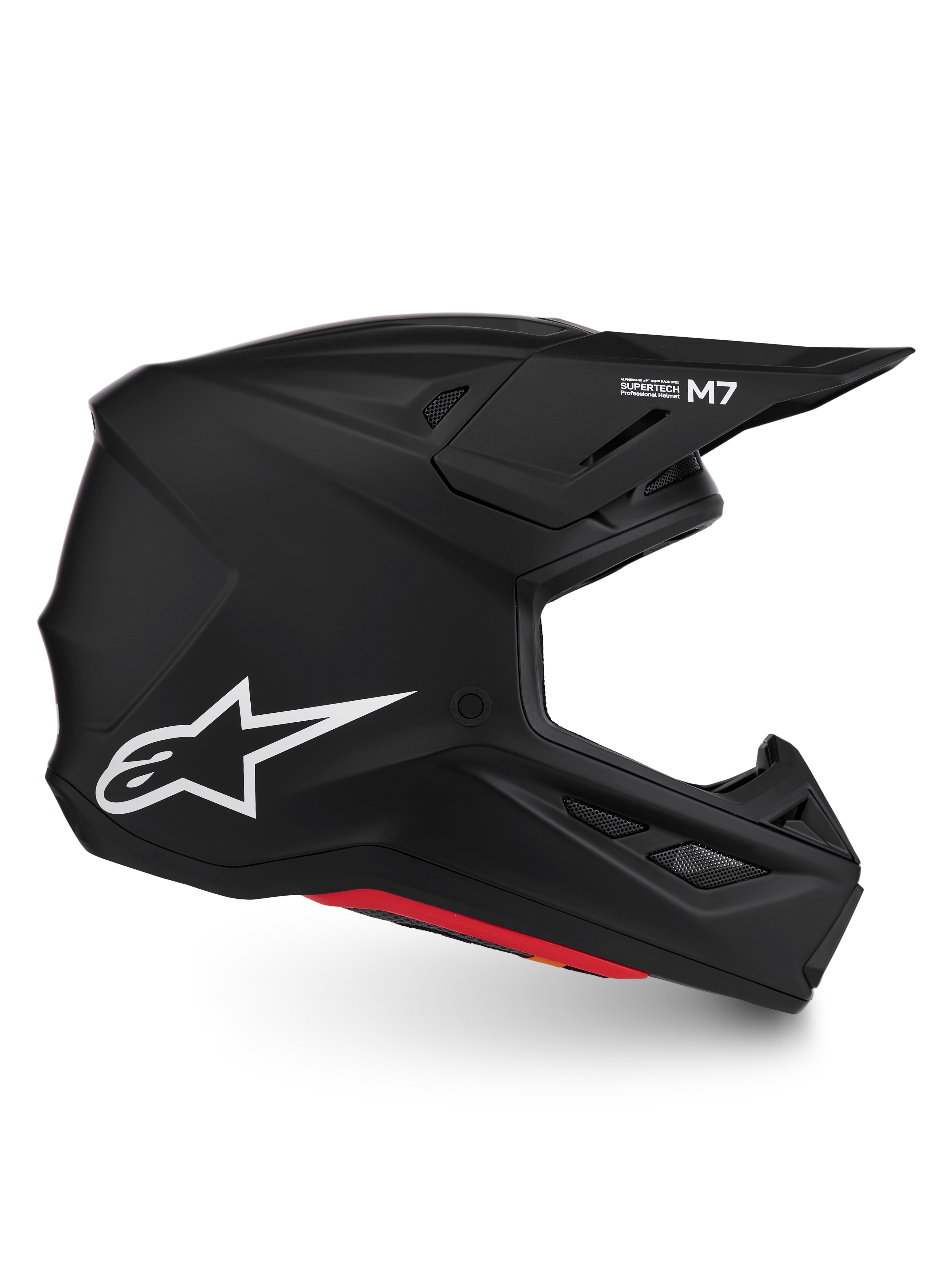 Alpinestars S-M7 Solid hjälm ECE06, matt svart motocrosshjälm med vit Astar-logotyp, aerodynamiskt skal, ECE 22.06-godkänd.
