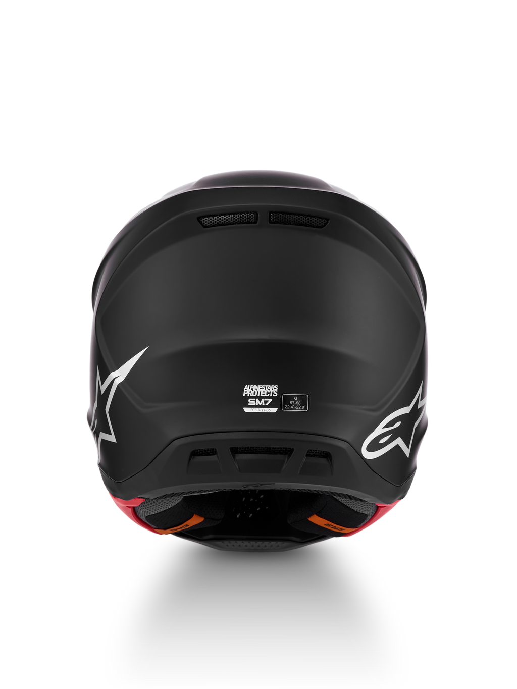 Alpinestars S-M7 Solid hjälm, matt svart motocrosshjälm bakifrån, ECE 22.06-certifierad, storlek M med vita logotyper.