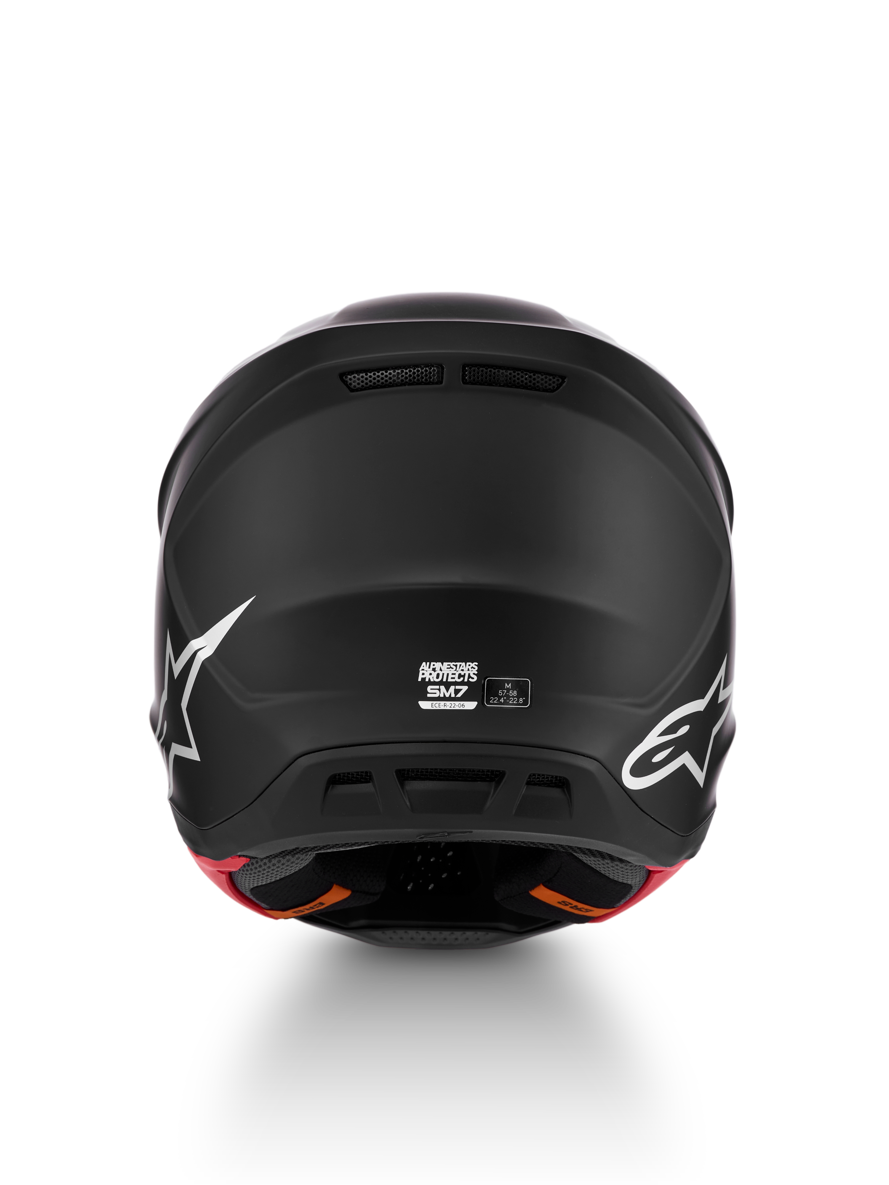 Alpinestars S-M7 Solid hjälm, matt svart motocrosshjälm bakifrån, ECE 22.06-certifierad, storlek M med vita logotyper.