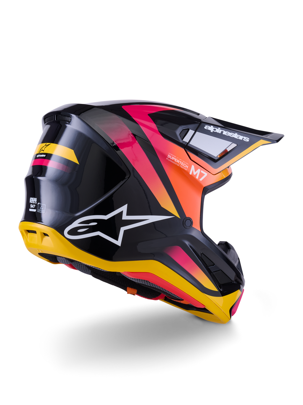 Alpinestars S-M7 Rise hjälm, motocrosshjälm, svart, gul och rosa blank finish, bak- och sidovy med aerodynamiskt kompositskal, livfulla färgövergångar, tydlig logotyp och ventilationsöppningar