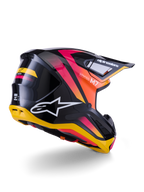 Alpinestars S-M7 Rise hjälm, motocrosshjälm, svart, gul och rosa blank finish, bak- och sidovy med aerodynamiskt kompositskal, livfulla färgövergångar, tydlig logotyp och ventilationsöppningar