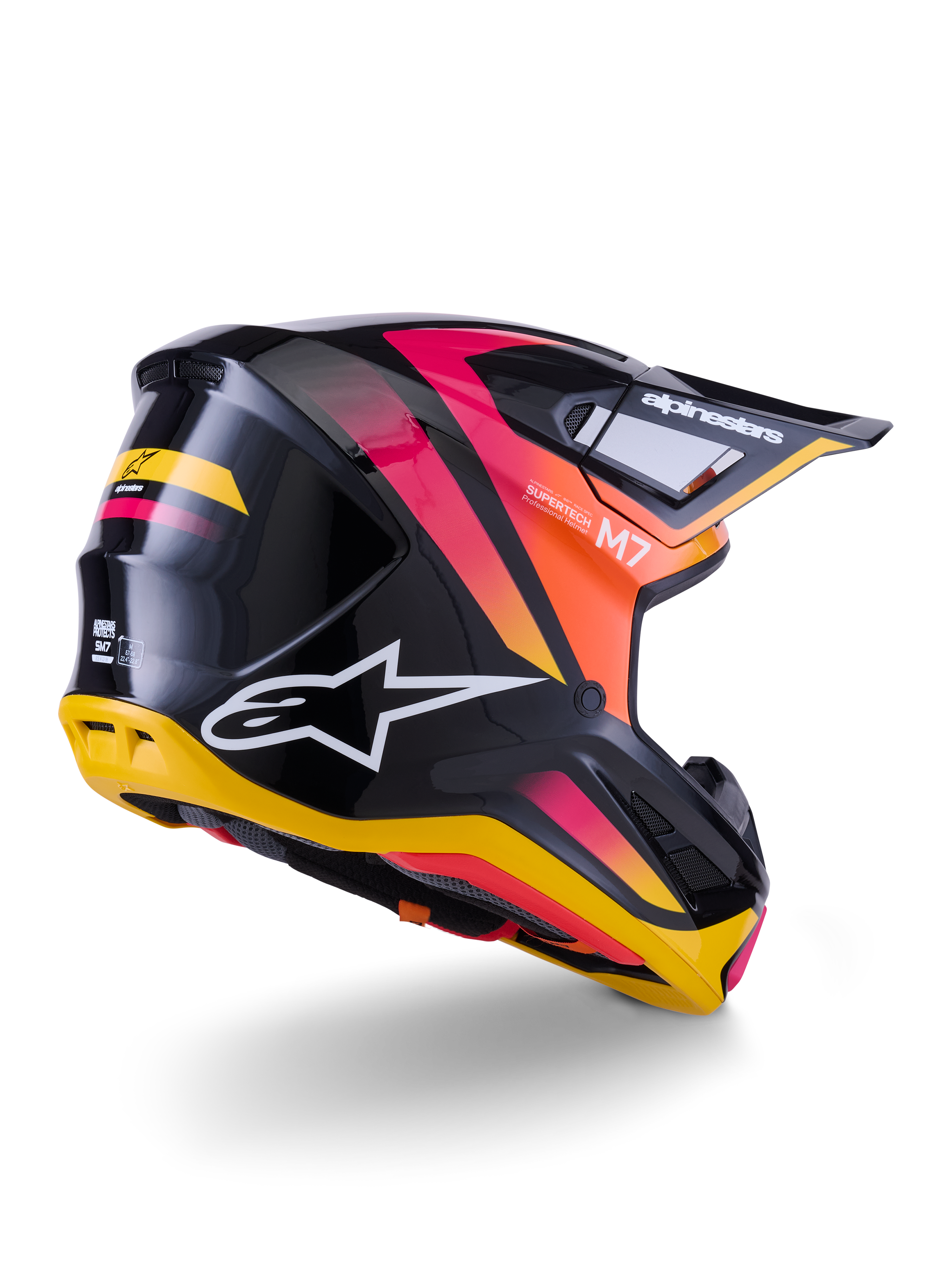Alpinestars S-M7 Rise hjälm, motocrosshjälm, svart, gul och rosa blank finish, bak- och sidovy med aerodynamiskt kompositskal, livfulla färgövergångar, tydlig logotyp och ventilationsöppningar