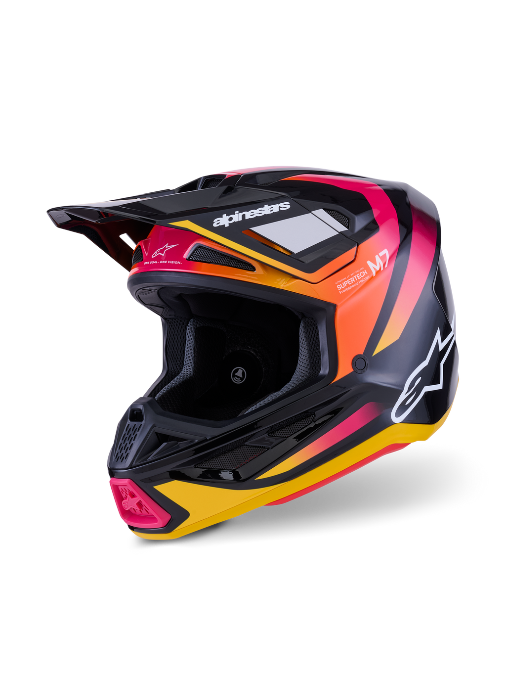 Alpinestars S-M7 Rise-hjälm, motocrosshjälm, blank svart, gul och rosa, med ett aerodynamiskt kompositskal med livfull gradientgrafik, vita Alpinestars-logotyper och flera ventilationsportar för terrängkörning.