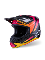 Alpinestars S-M7 Rise-hjälm, motocrosshjälm, blank svart, gul och rosa, med ett aerodynamiskt kompositskal med livfull gradientgrafik, vita Alpinestars-logotyper och flera ventilationsportar för terrängkörning.
