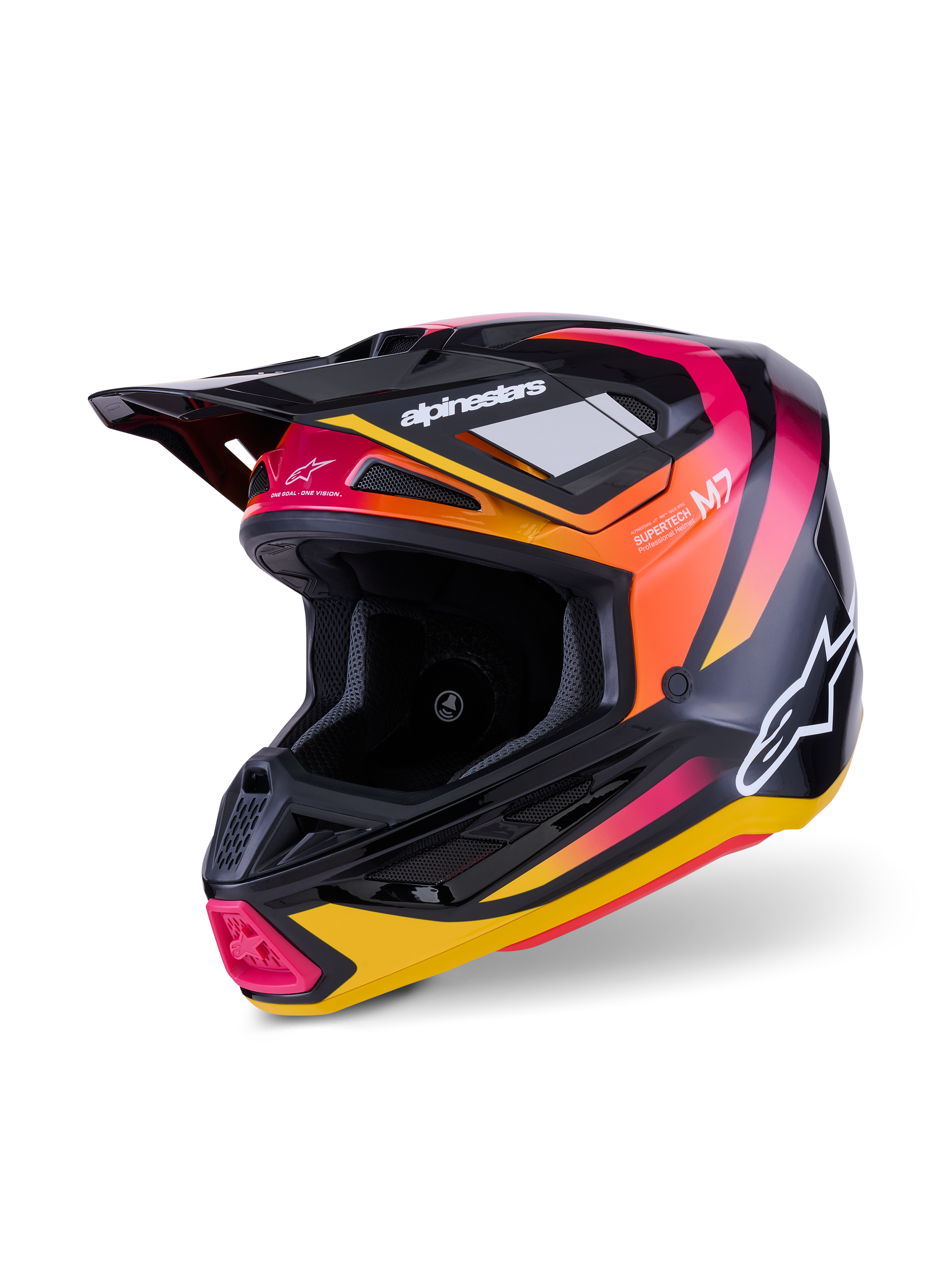 Alpinestars S-M7 Rise-hjälm, motocrosshjälm, blank svart, gul och rosa, med ett aerodynamiskt kompositskal med livfull gradientgrafik, vita Alpinestars-logotyper och flera ventilationsportar för terrängkörning.