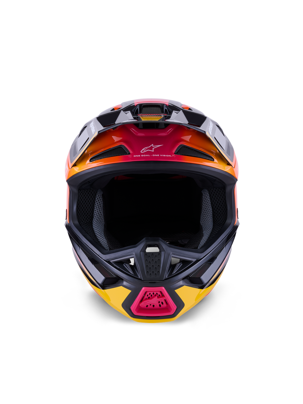 Alpinestars S-M7 Rise-hjälm ECE 22.06, motocrosshjälm, blank finish i svart, gult och rosa med orangea gradienter, vy framifrån som visar aerodynamiskt kompositskal, flera luftintag med nät och 'One Goal. One Vision.'-detaljer, designad för terrängkörning