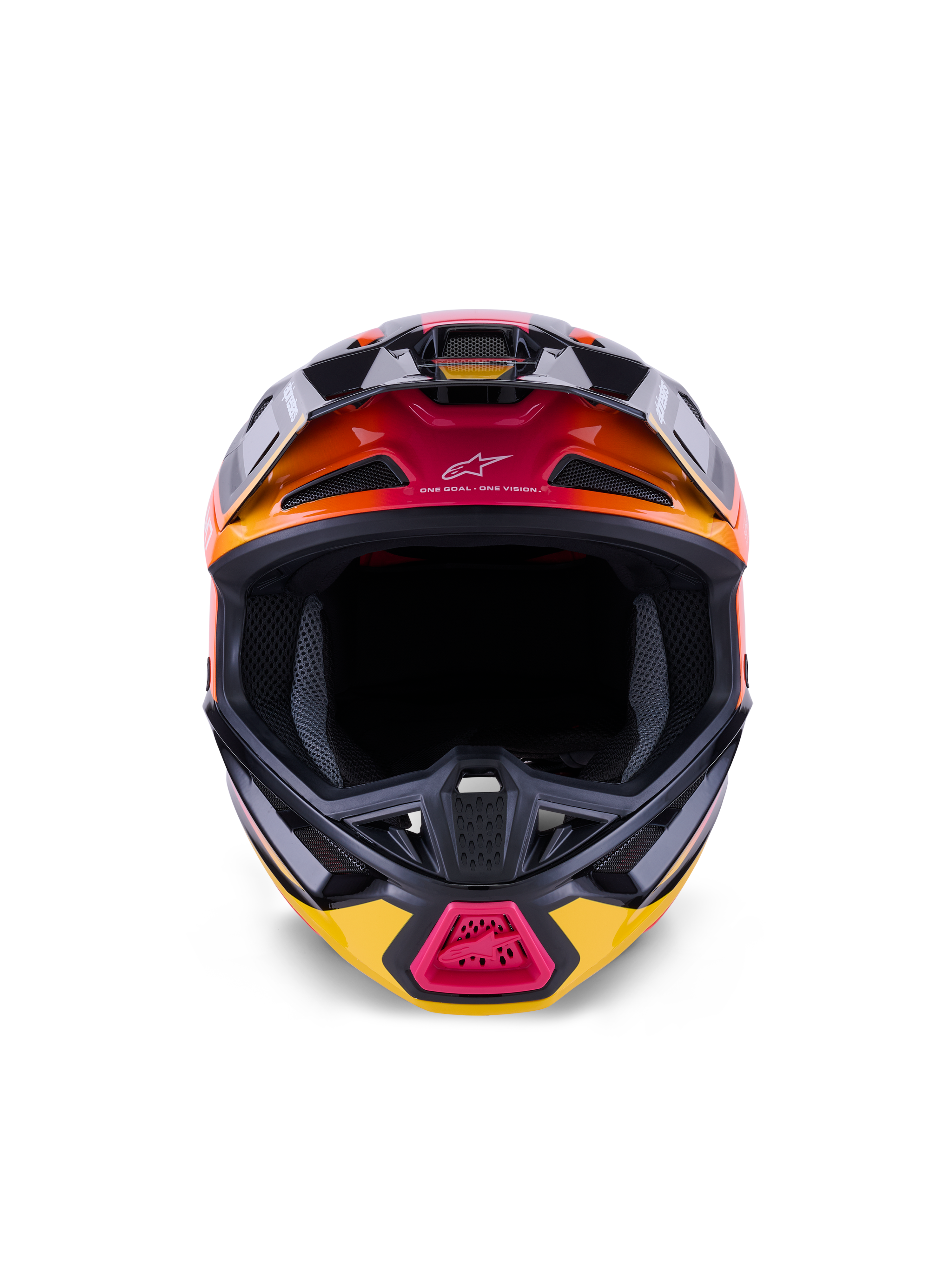 Alpinestars S-M7 Rise-hjälm ECE 22.06, motocrosshjälm, blank finish i svart, gult och rosa med orangea gradienter, vy framifrån som visar aerodynamiskt kompositskal, flera luftintag med nät och 'One Goal. One Vision.'-detaljer, designad för terrängkörning