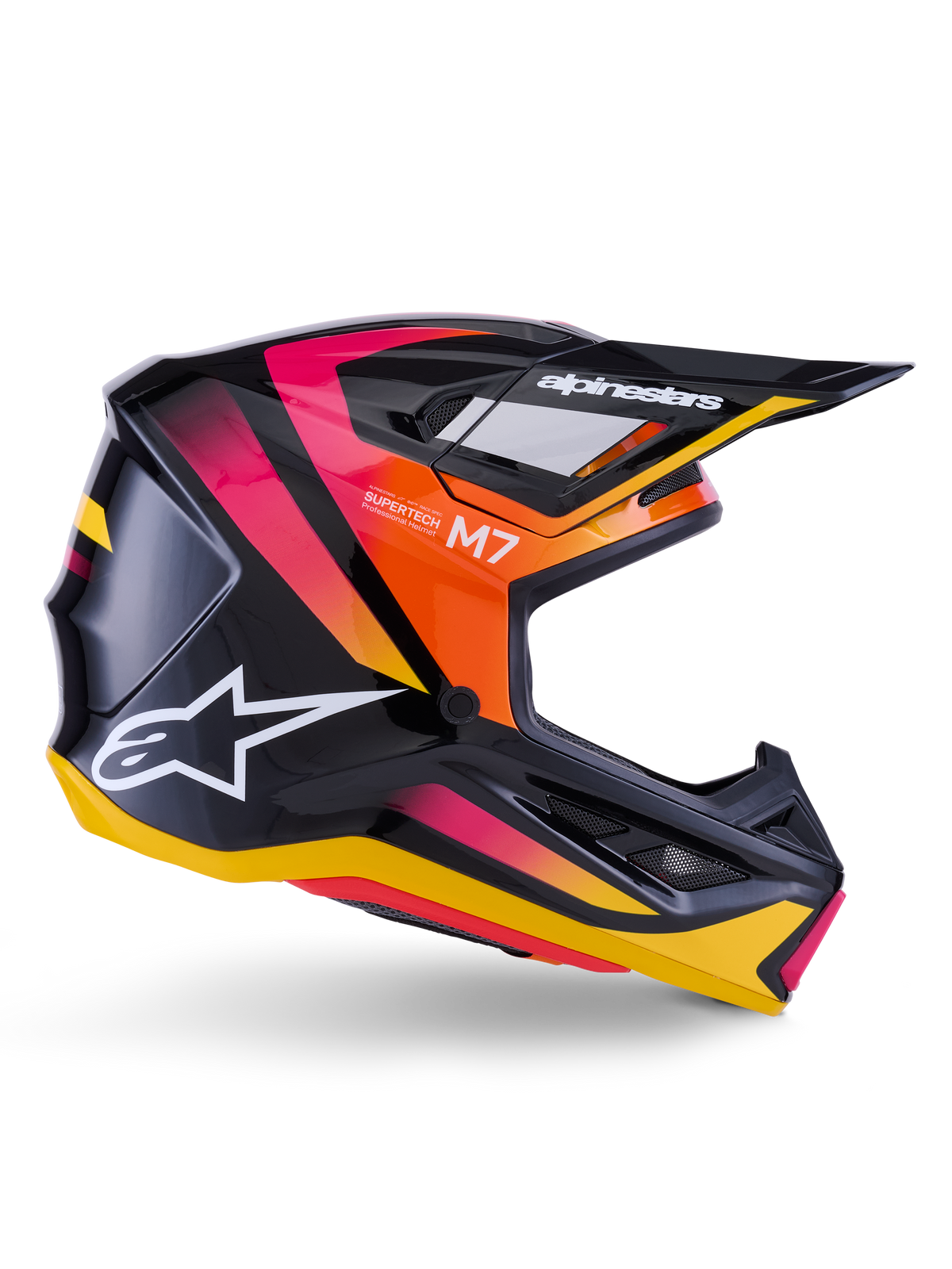 Alpinestars S-M7 Rise Helmet, Motocross Racing Helmet, Glossy Black with Pink, Orange, and Yellow Graphics, side profile view, featuring white Alpinestars logo and visor, aerodynamic shell with integrated ventilation ports