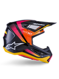 Alpinestars S-M7 Rise hjälm, motocrosshjälm, blanksvart med grafik i rosa, orange och gult, profilvy från sidan, med vit Alpinestars-logotyp och skärm, aerodynamiskt skal med integrerade ventilationsöppningar