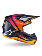 Alpinestars S-M7 Rise hjälm, motocrosshjälm, blanksvart med grafik i rosa, orange och gult, profilvy från sidan, med vit Alpinestars-logotyp och skärm, aerodynamiskt skal med integrerade ventilationsöppningar