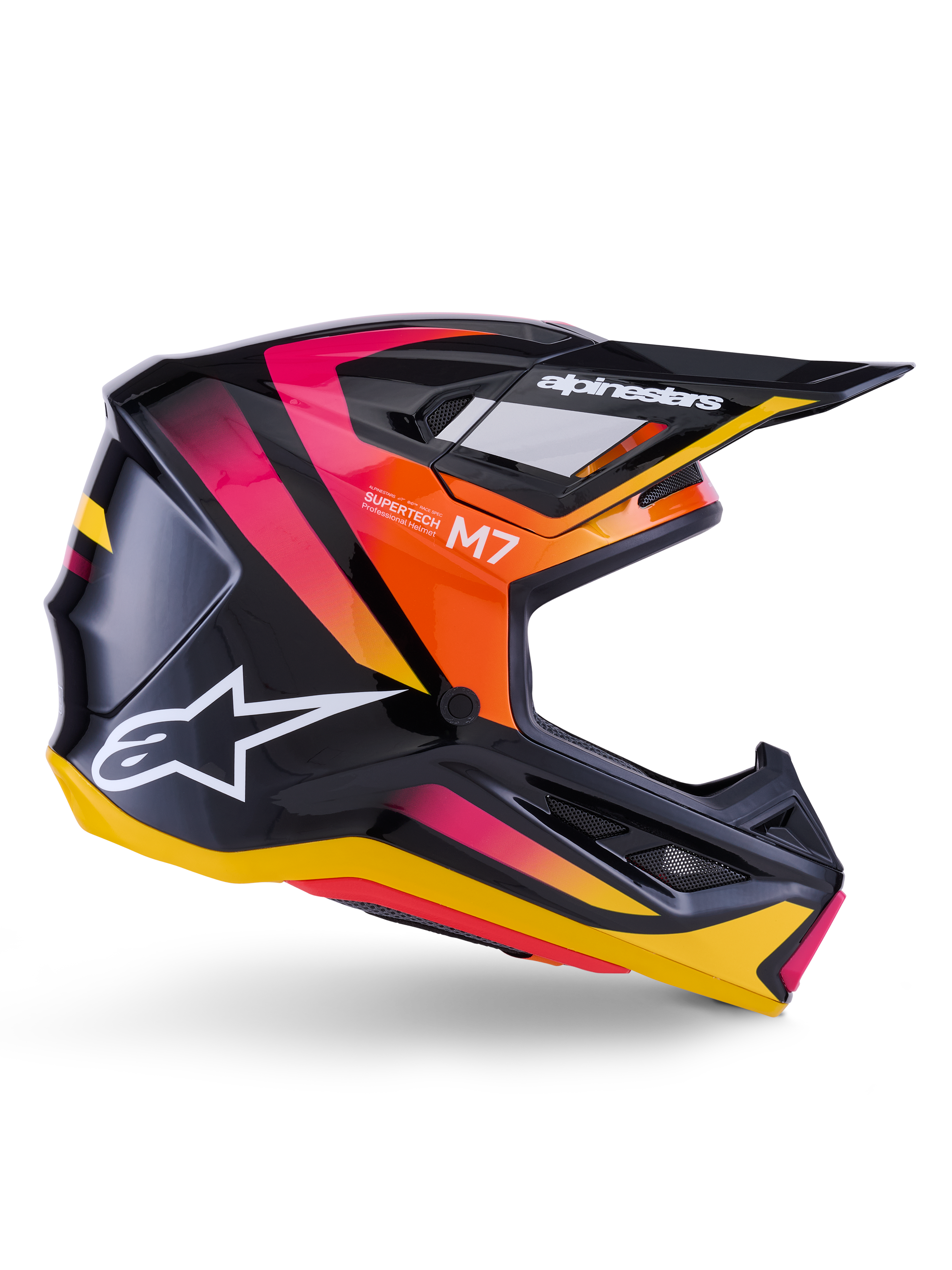 Alpinestars S-M7 Rise hjälm, motocrosshjälm, blanksvart med grafik i rosa, orange och gult, profilvy från sidan, med vit Alpinestars-logotyp och skärm, aerodynamiskt skal med integrerade ventilationsöppningar