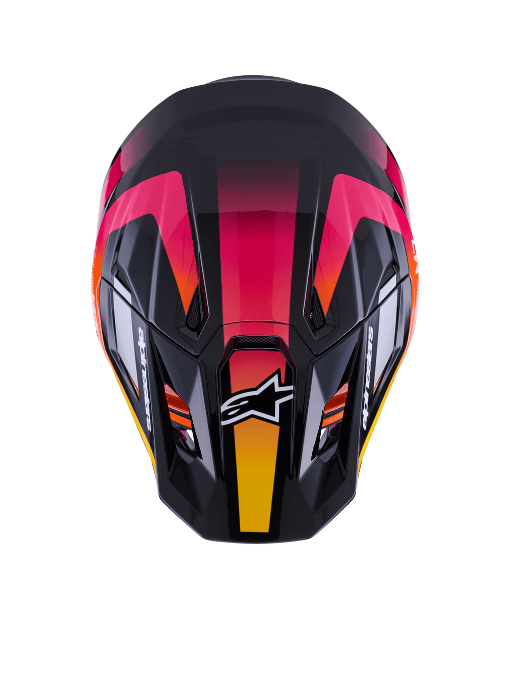 Alpinestars S-M7 Rise-hjälm ECE 22.06, motocrosshjälm, svart, rosa och gul glansig, vy uppifrån som visar det aerodynamiska kompositskalet, livfull gradientdesign, ventilationsöppningar och vit Alpinestars-logotyp på framsidan