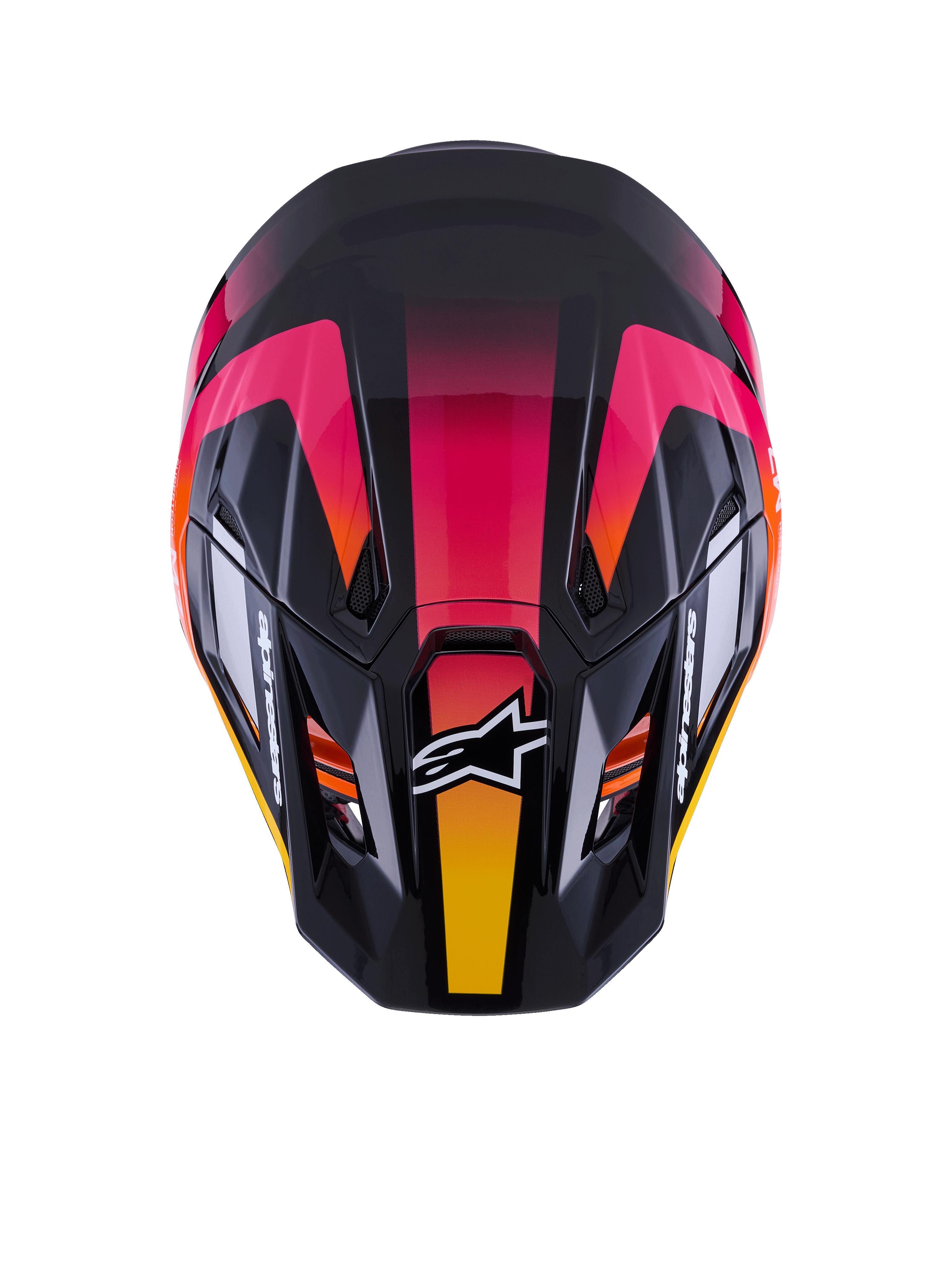 Alpinestars S-M7 Rise-hjälm ECE 22.06, motocrosshjälm, svart, rosa och gul glansig, vy uppifrån som visar det aerodynamiska kompositskalet, livfull gradientdesign, ventilationsöppningar och vit Alpinestars-logotyp på framsidan