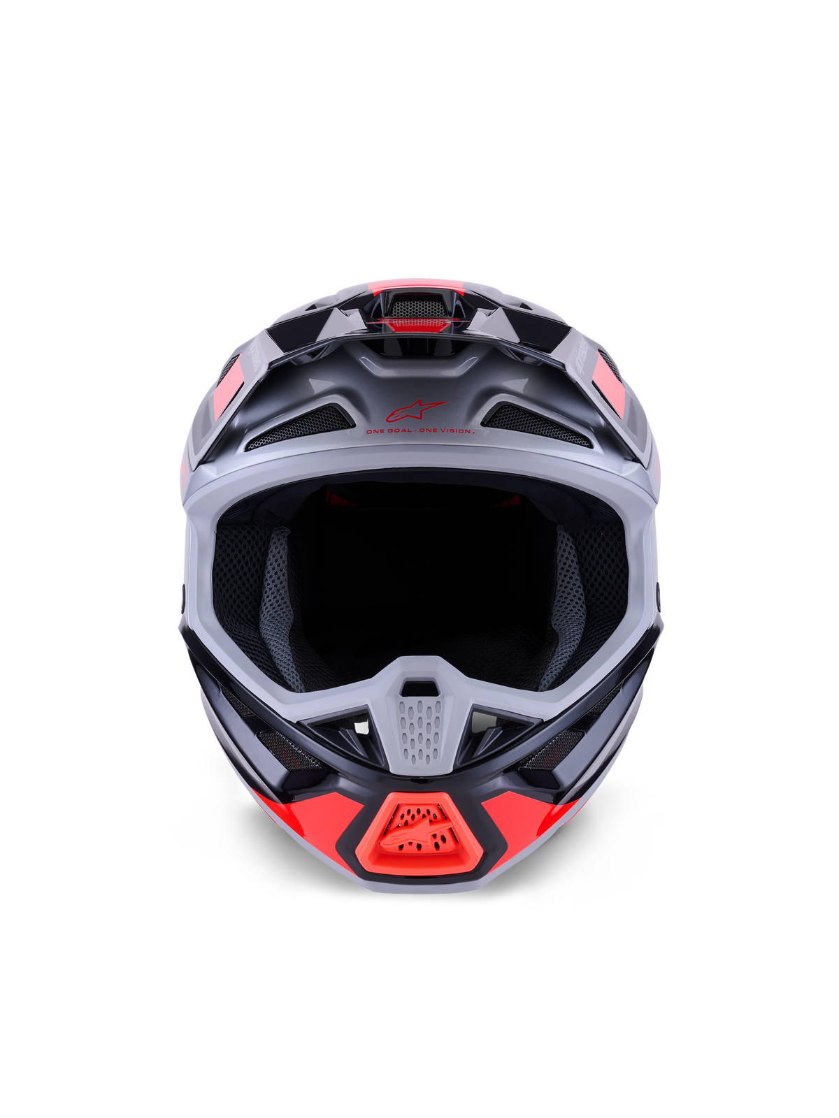 Alpinestars S-M7 Rise-hjälm, motocrosshjälm, svart, silver och röd fluo, glansig finish, vy framifrån som visar aerodynamiskt kompositskal, flera ventilationsintag och stor öppning för goggles, konstruerad för skydd vid terrängkörning
