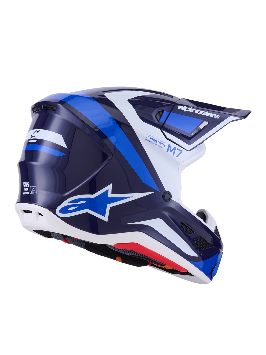 Alpinestars S-M7 Rise hjälm, motocrosshjälm, Blue White Glossy, marinblå och klarblå grafik med vita detaljer, Alpinestars-logotyper på sidan och baksidan, aerodynamisk skaldesign med ventilationsöppningar, professionell racingutrustning för off-road