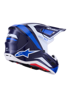 Alpinestars S-M7 Rise hjälm, motocrosshjälm, Blue White Glossy, marinblå och klarblå grafik med vita detaljer, Alpinestars-logotyper på sidan och baksidan, aerodynamisk skaldesign med ventilationsöppningar, professionell racingutrustning för off-road