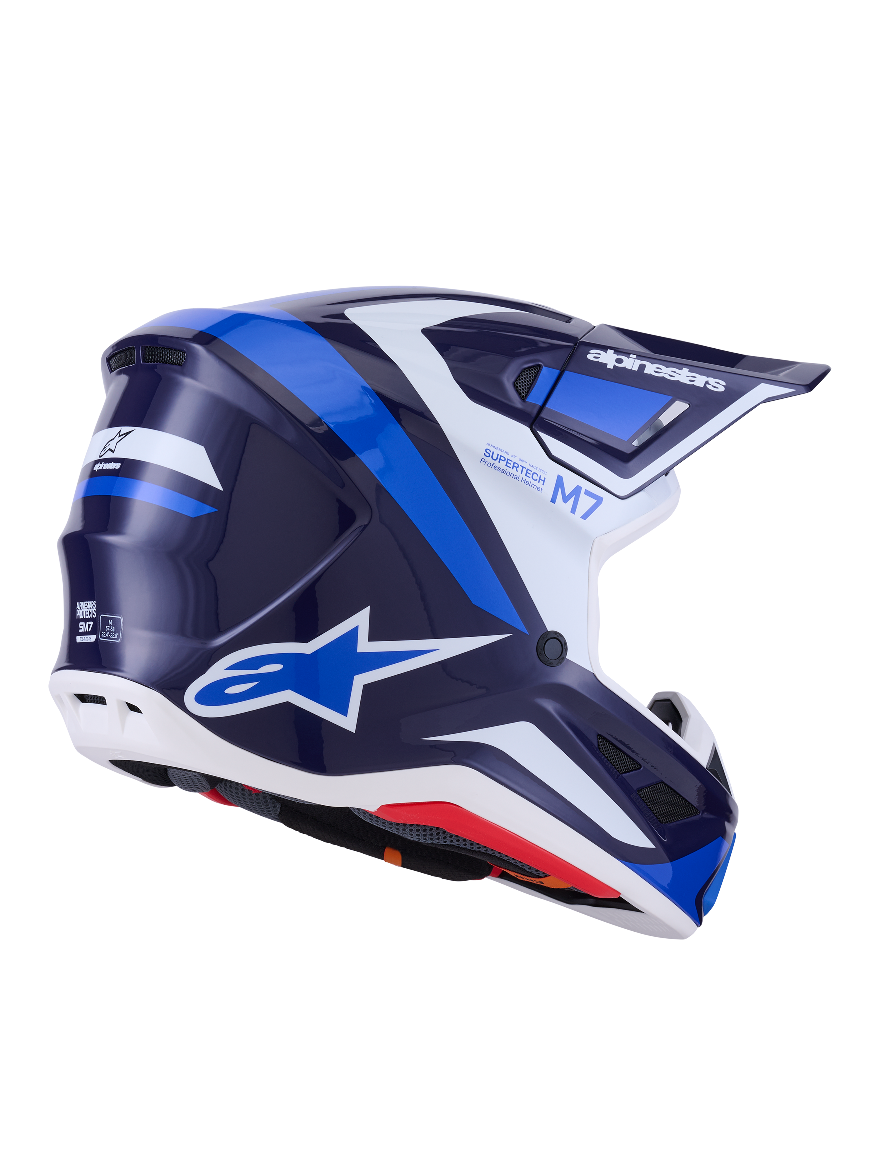 Alpinestars S-M7 Rise hjälm, motocrosshjälm, Blue White Glossy, marinblå och klarblå grafik med vita detaljer, Alpinestars-logotyper på sidan och baksidan, aerodynamisk skaldesign med ventilationsöppningar, professionell racingutrustning för off-road