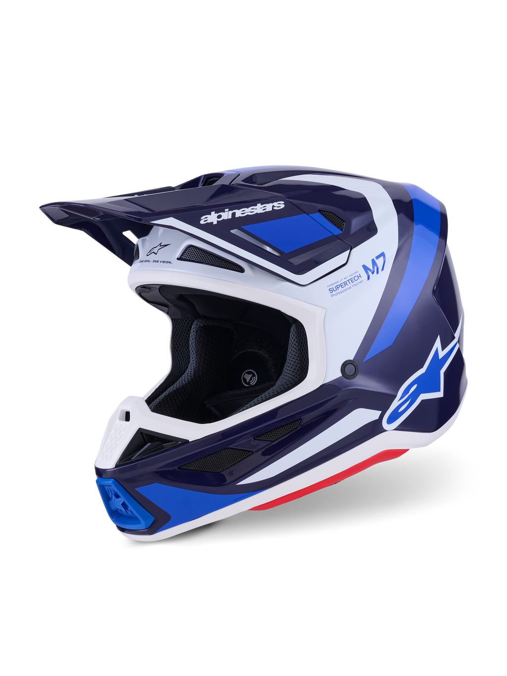 Alpinestars S-M7 Rise motocrosshjälm, blå vit glansig, trekvartsvy som visar det aerodynamiska skalet med integrerat visir och flera ventilationsöppningar, vita och blå grafiska detaljer samt tydlig logotyp, högpresterande utrustning för terrängkörning