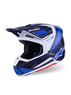Alpinestars S-M7 Rise motocrosshjälm, blå vit glansig, trekvartsvy som visar det aerodynamiska skalet med integrerat visir och flera ventilationsöppningar, vita och blå grafiska detaljer samt tydlig logotyp, högpresterande utrustning för terrängkörning