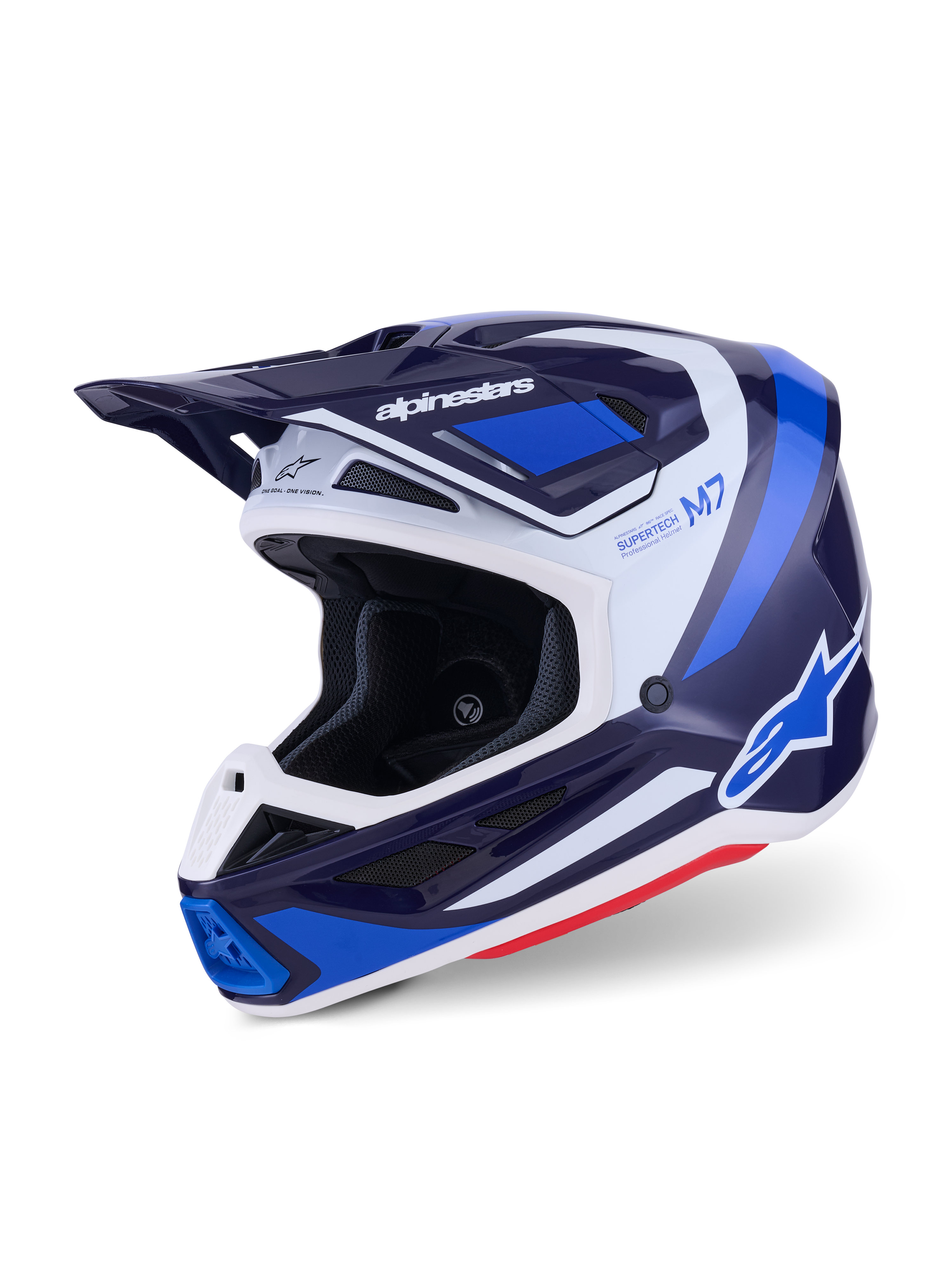 Alpinestars S-M7 Rise motocrosshjälm, blå vit glansig, trekvartsvy som visar det aerodynamiska skalet med integrerat visir och flera ventilationsöppningar, vita och blå grafiska detaljer samt tydlig logotyp, högpresterande utrustning för terrängkörning