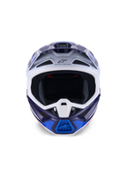 Alpinestars S-M7 Rise-hjälm, Blue White Glossy, vy framifrån, motocrosshjälm med flera ventilationsöppningar, Astars-logotyp på pannan, aerodynamisk kompositskalsdesign