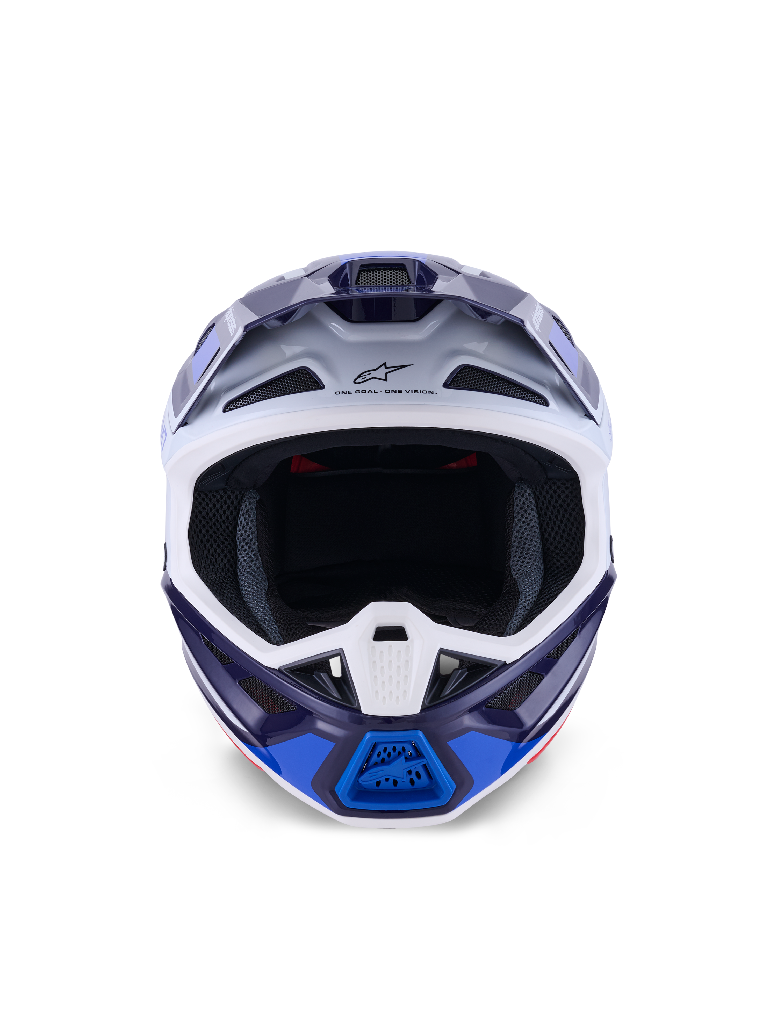 Alpinestars S-M7 Rise-hjälm, Blue White Glossy, vy framifrån, motocrosshjälm med flera ventilationsöppningar, Astars-logotyp på pannan, aerodynamisk kompositskalsdesign