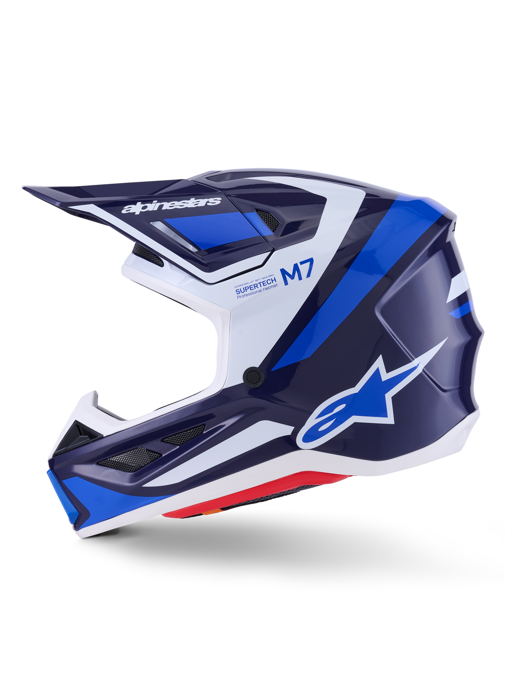 Alpinestars S-M7 Rise hjälm, motocrosshjälm, blå, vit och marinblå med glansig finish, sidoprofil med Alpinestars-logotyp på visiret och sidan, M7- och Supertech-text, aerodynamiskt skal med ventilationsöppningar, glansig yta för terrängprestanda.