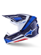 Alpinestars S-M7 Rise hjälm, motocrosshjälm, blå, vit och marinblå med glansig finish, sidoprofil med Alpinestars-logotyp på visiret och sidan, M7- och Supertech-text, aerodynamiskt skal med ventilationsöppningar, glansig yta för terrängprestanda.