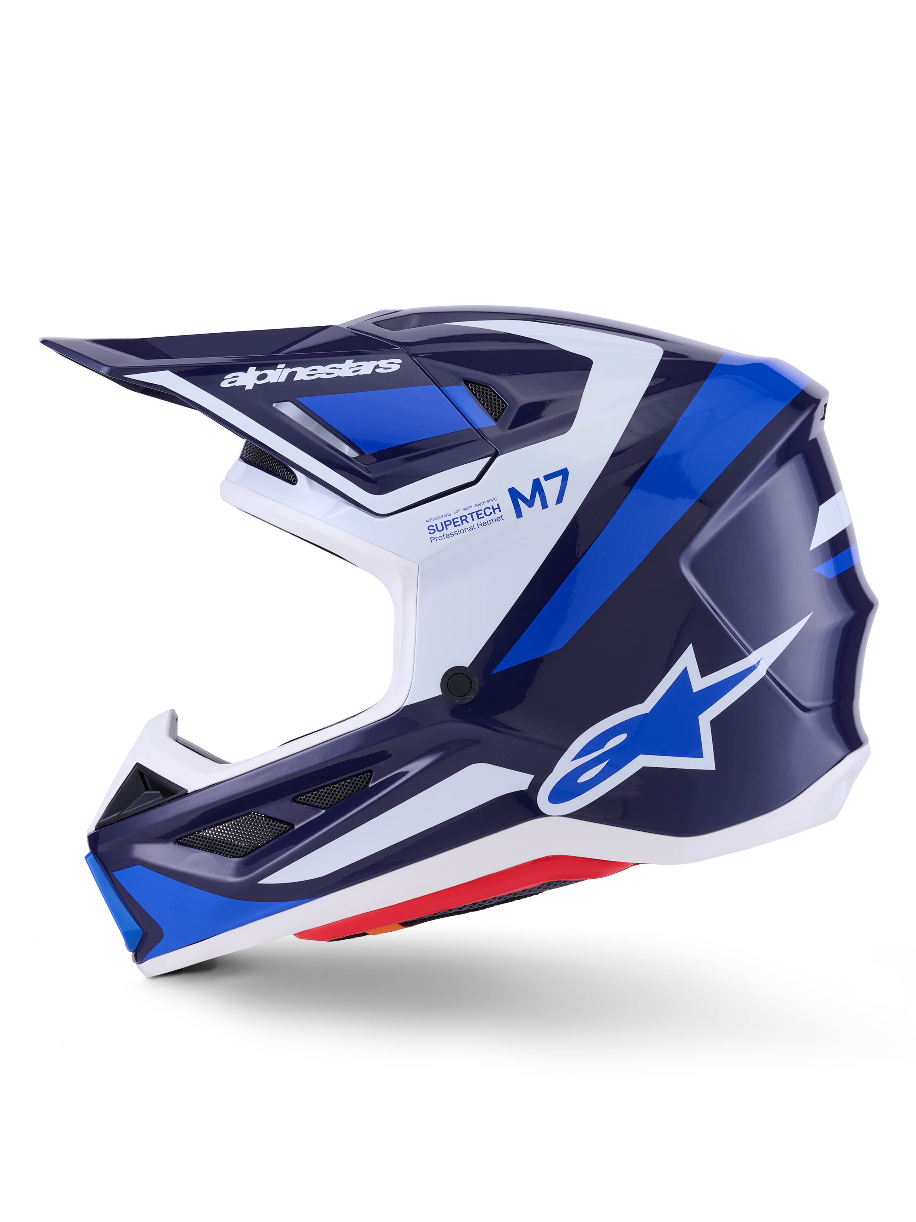 Alpinestars S-M7 Rise hjälm, motocrosshjälm, blå, vit och marinblå med glansig finish, sidoprofil med Alpinestars-logotyp på visiret och sidan, M7- och Supertech-text, aerodynamiskt skal med ventilationsöppningar, glansig yta för terrängprestanda.