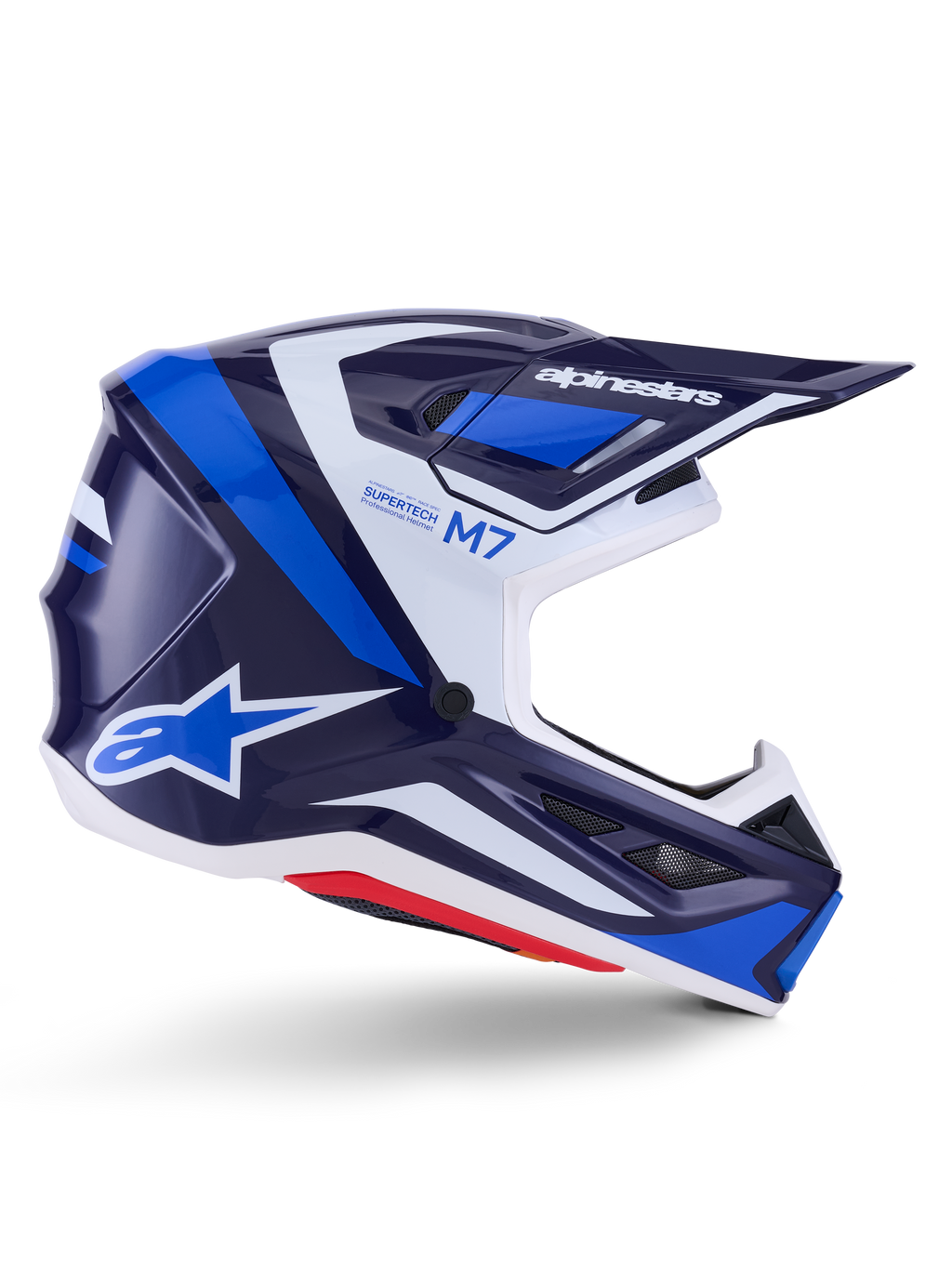Alpinestars S-M7 Rise hjälm, motocrosshjälm, blå och vit glansig finish, sidoprofil med ett aerodynamiskt kompositskal, ventilerat visir och kantig design med tydlig logotyp, professionellt terrängskydd