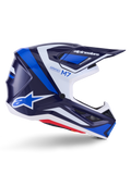 Alpinestars S-M7 Rise hjälm, motocrosshjälm, blå och vit glansig finish, sidoprofil med ett aerodynamiskt kompositskal, ventilerat visir och kantig design med tydlig logotyp, professionellt terrängskydd