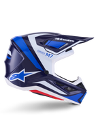 Alpinestars S-M7 Rise hjälm, motocrosshjälm, blå och vit glansig finish, sidoprofil med ett aerodynamiskt kompositskal, ventilerat visir och kantig design med tydlig logotyp, professionellt terrängskydd
