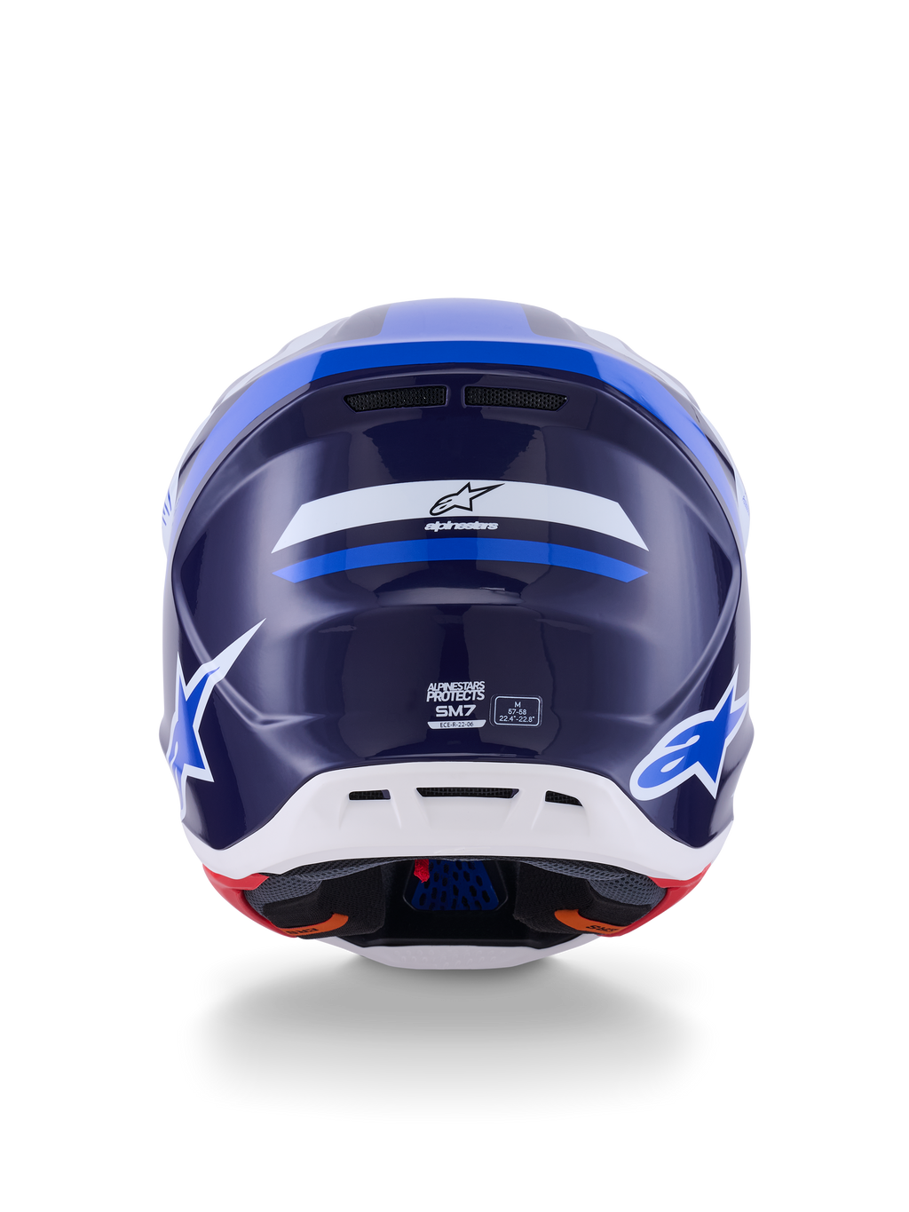 Alpinestars S-M7 Rise-hjälm, vy bakifrån, blå och vit glansig finish, med Alpinestars-logotyp och SM7-profilering, aerodynamiskt kompositskal med vit nederdel och ventilationsöppningar, högpresterande huvudskydd för motocross