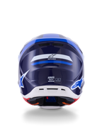 Alpinestars S-M7 Rise-hjälm, vy bakifrån, blå och vit glansig finish, med Alpinestars-logotyp och SM7-profilering, aerodynamiskt kompositskal med vit nederdel och ventilationsöppningar, högpresterande huvudskydd för motocross