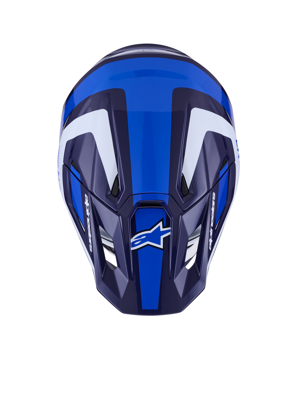 Alpinestars S-M7 Rise-hjälm, motocrosshjälm, blå och vit blank, vy uppifrån som visar det aerodynamiska skalet och ventilationsöppningar, med vit och mörkblå vinkelformad grafik och tydlig logotyp