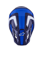 Alpinestars S-M7 Rise-hjälm, motocrosshjälm, blå och vit blank, vy uppifrån som visar det aerodynamiska skalet och ventilationsöppningar, med vit och mörkblå vinkelformad grafik och tydlig logotyp